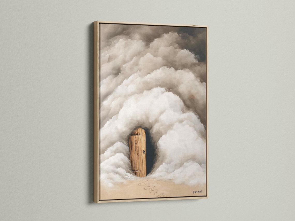 A wooden door emerges from soft grey and white clouds with warm beige ground beneath detail view