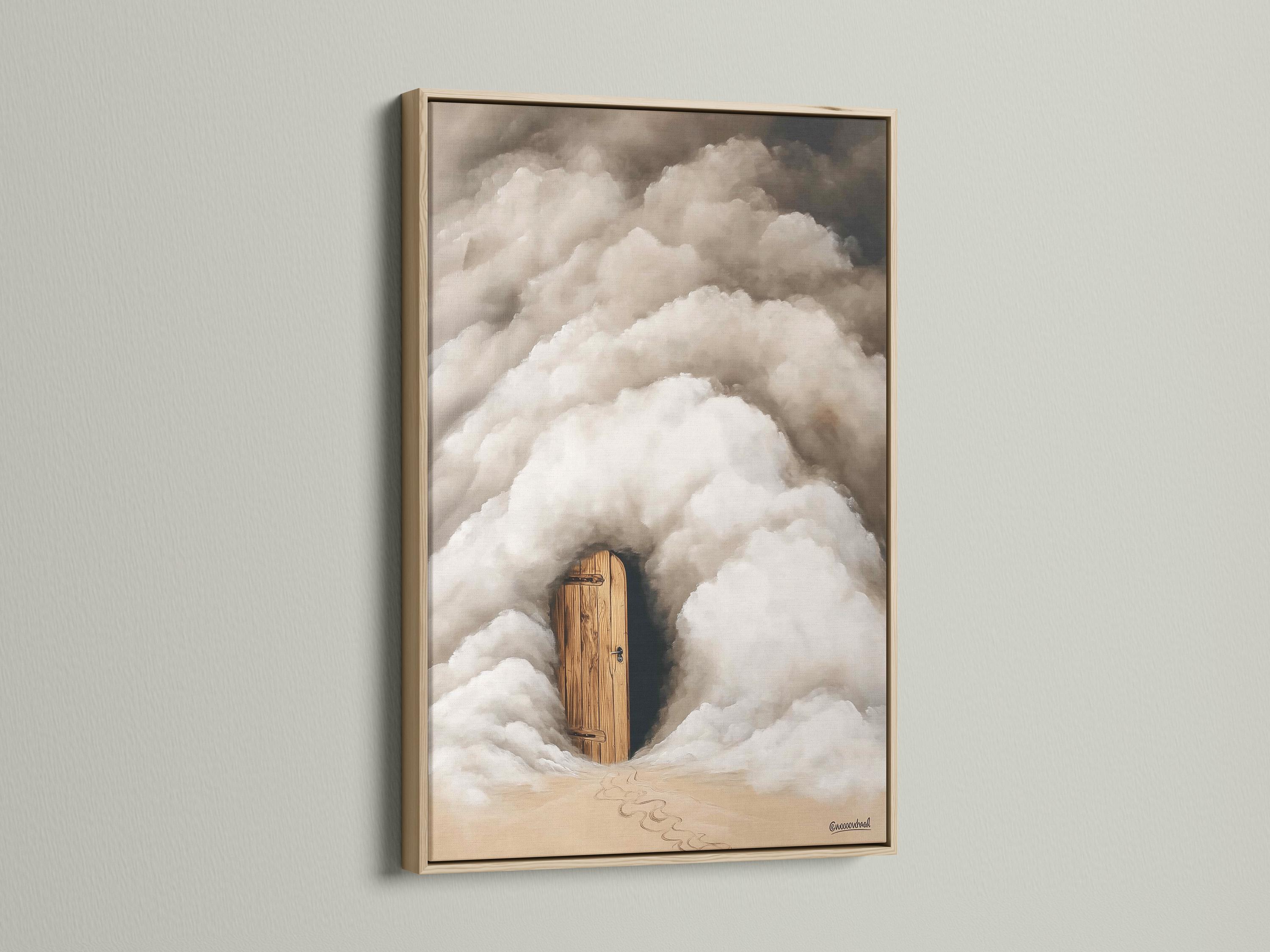 A wooden door emerges from soft grey and white clouds with warm beige ground beneath detail view