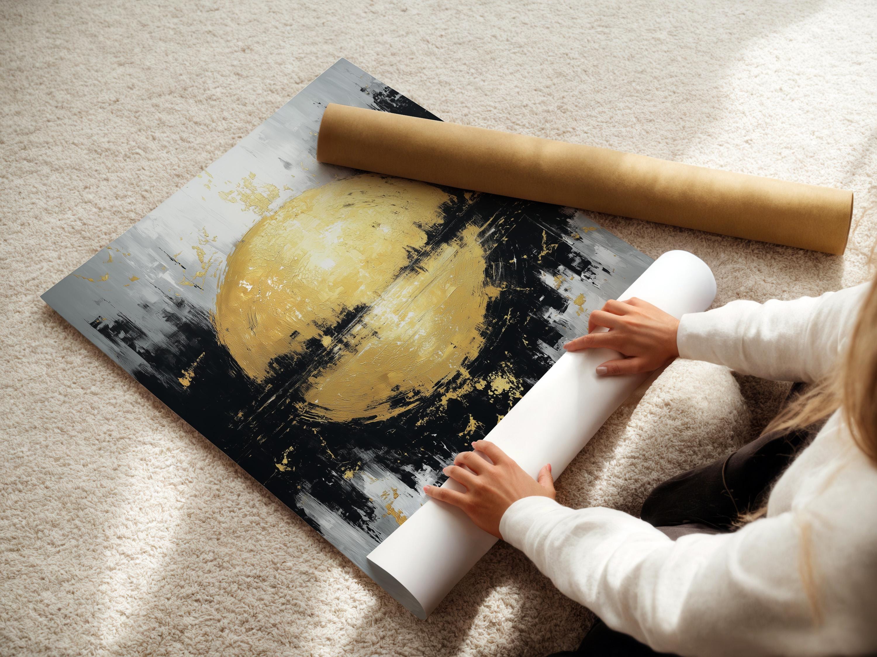 Gold sphere abstract wall art displayed in a framed mockup with surrounding layout options