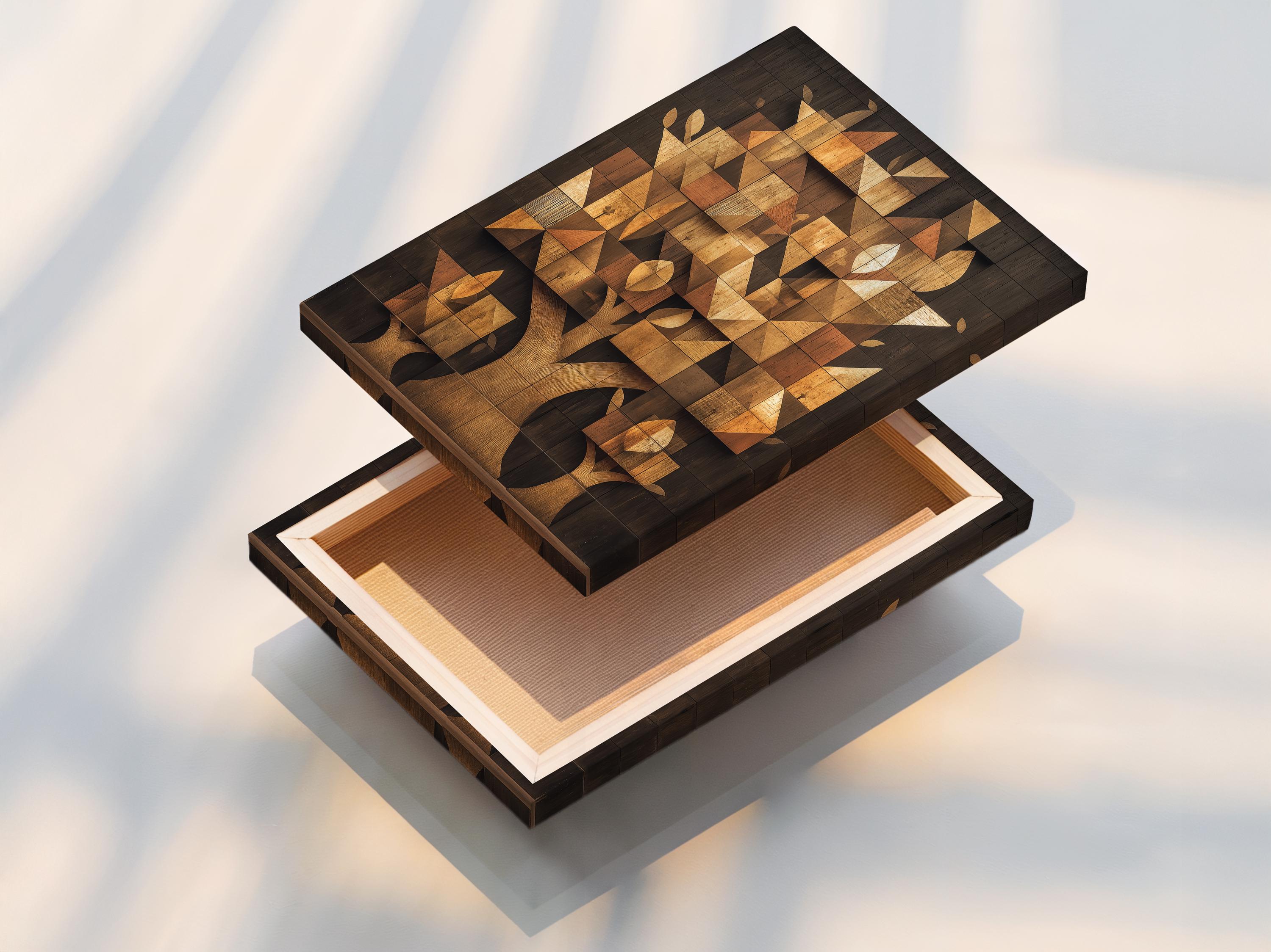 Geometric tree mosaic artwork with interlocking blocks in beige, tan, charcoal and gold tones detail view