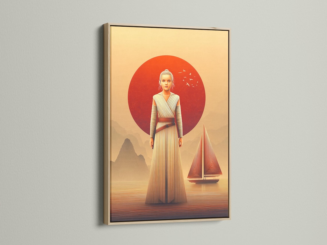 Stylised female sci‑fi figure in striped robe beneath a large red sun over a desert landscape detail view