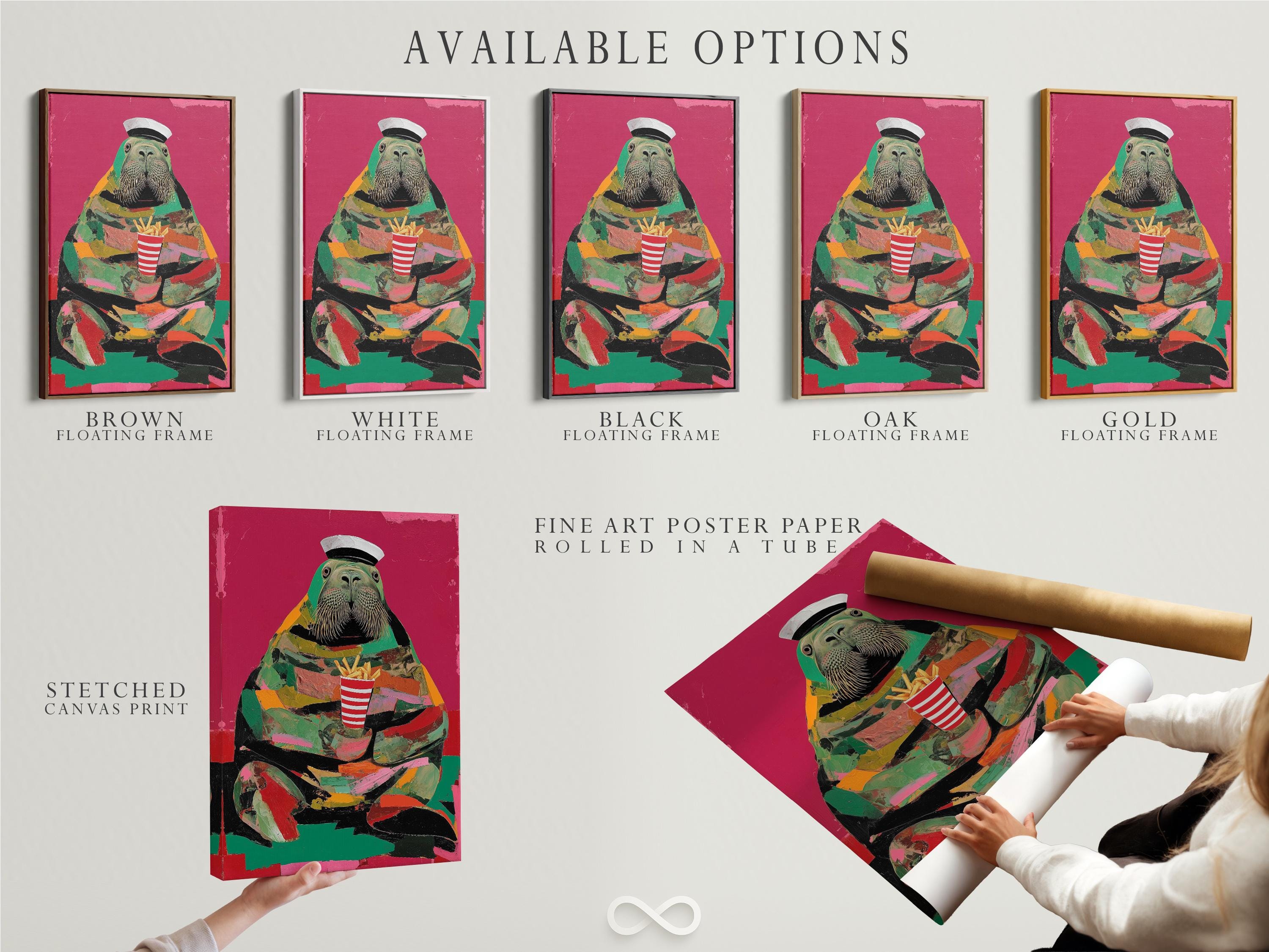 Stylised walrus wearing a captain hat with a striped cup of fries on a hot pink background detail view