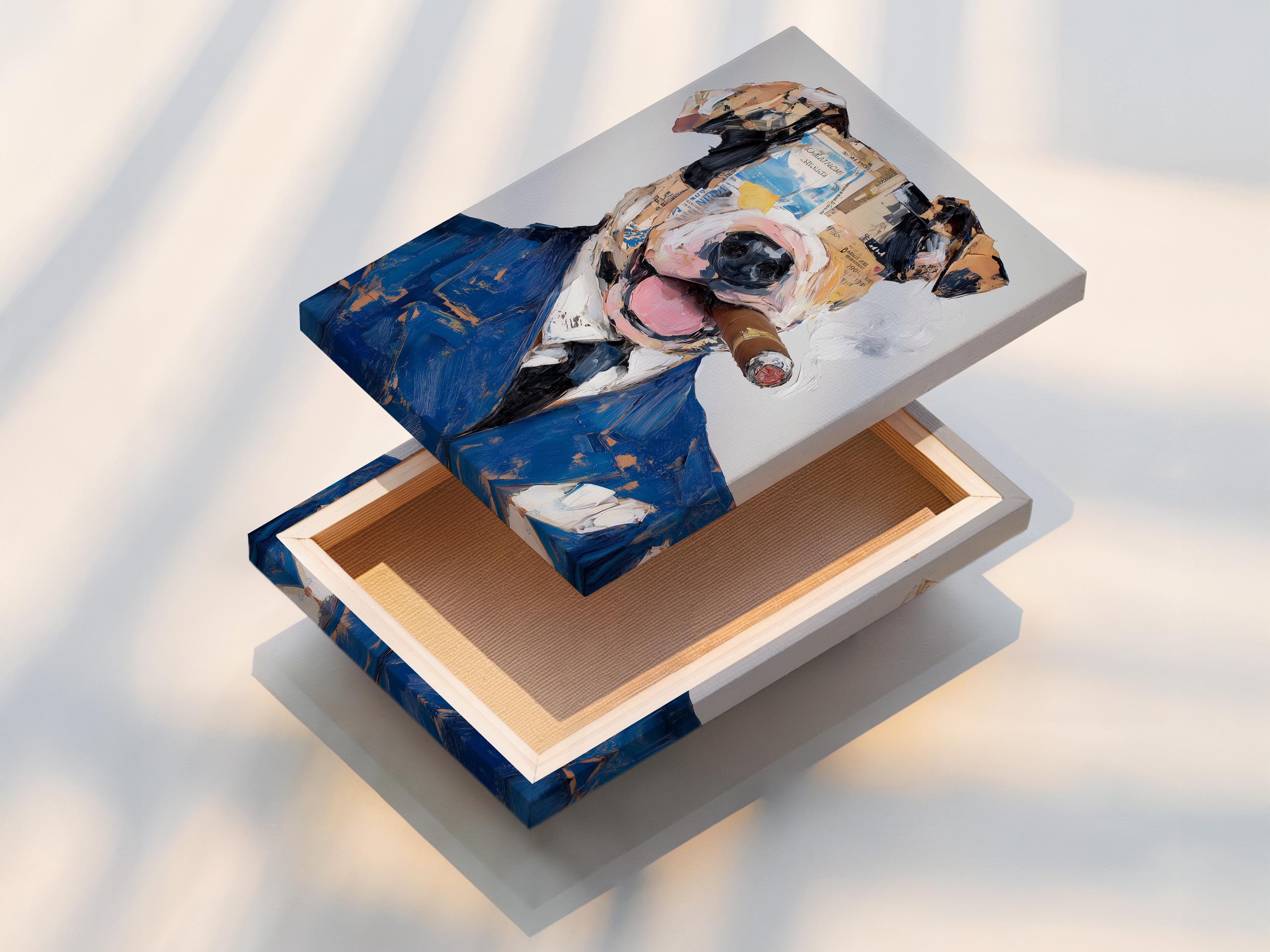 Stylised dog portrait in a blue suit with painterly collage-like texture detail view
