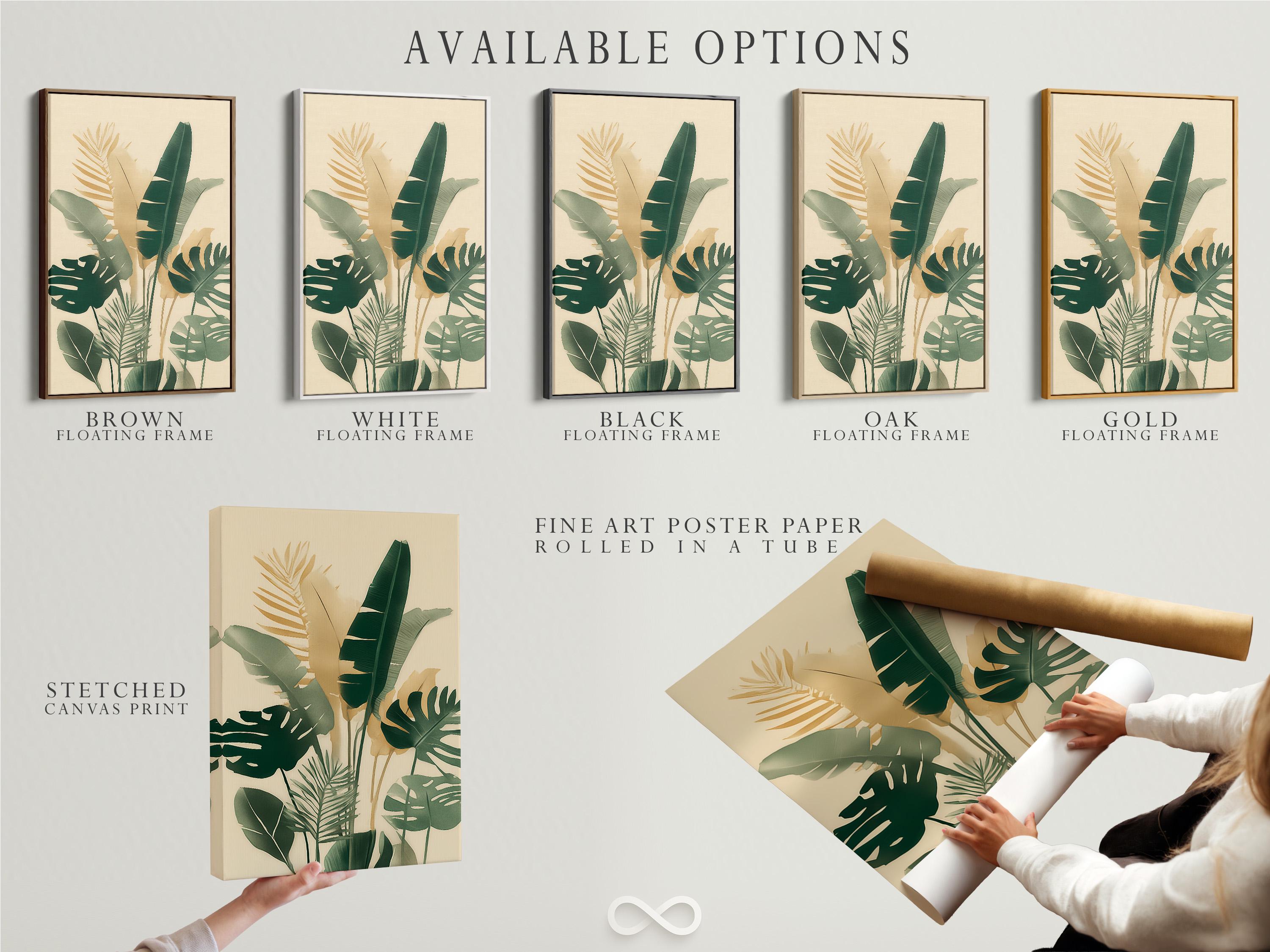 Room mockup showing framed botanical artwork with tropical leaves in cream and green
