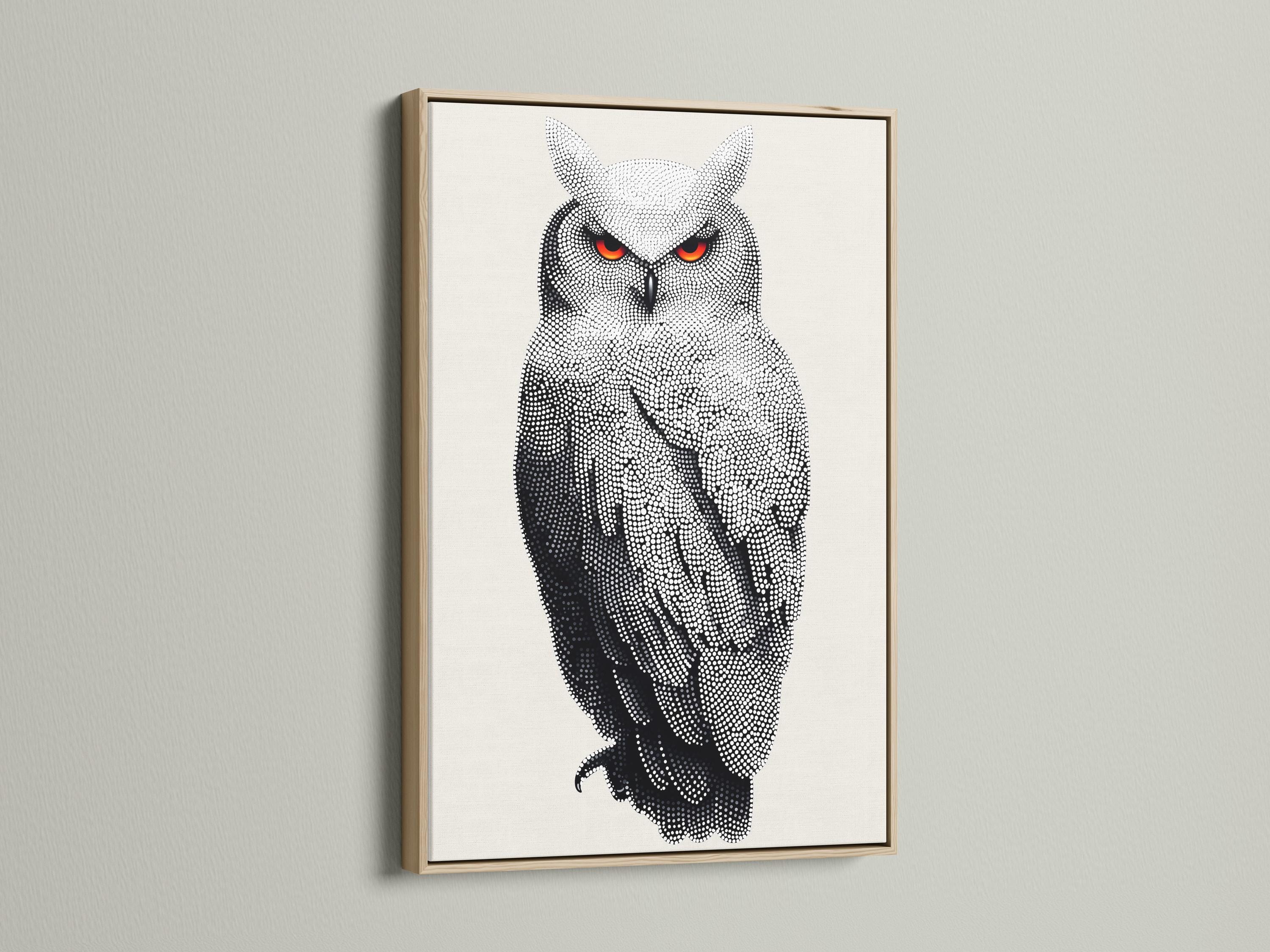 Dotted owl artwork in black and white with bright red-orange eyes detail view