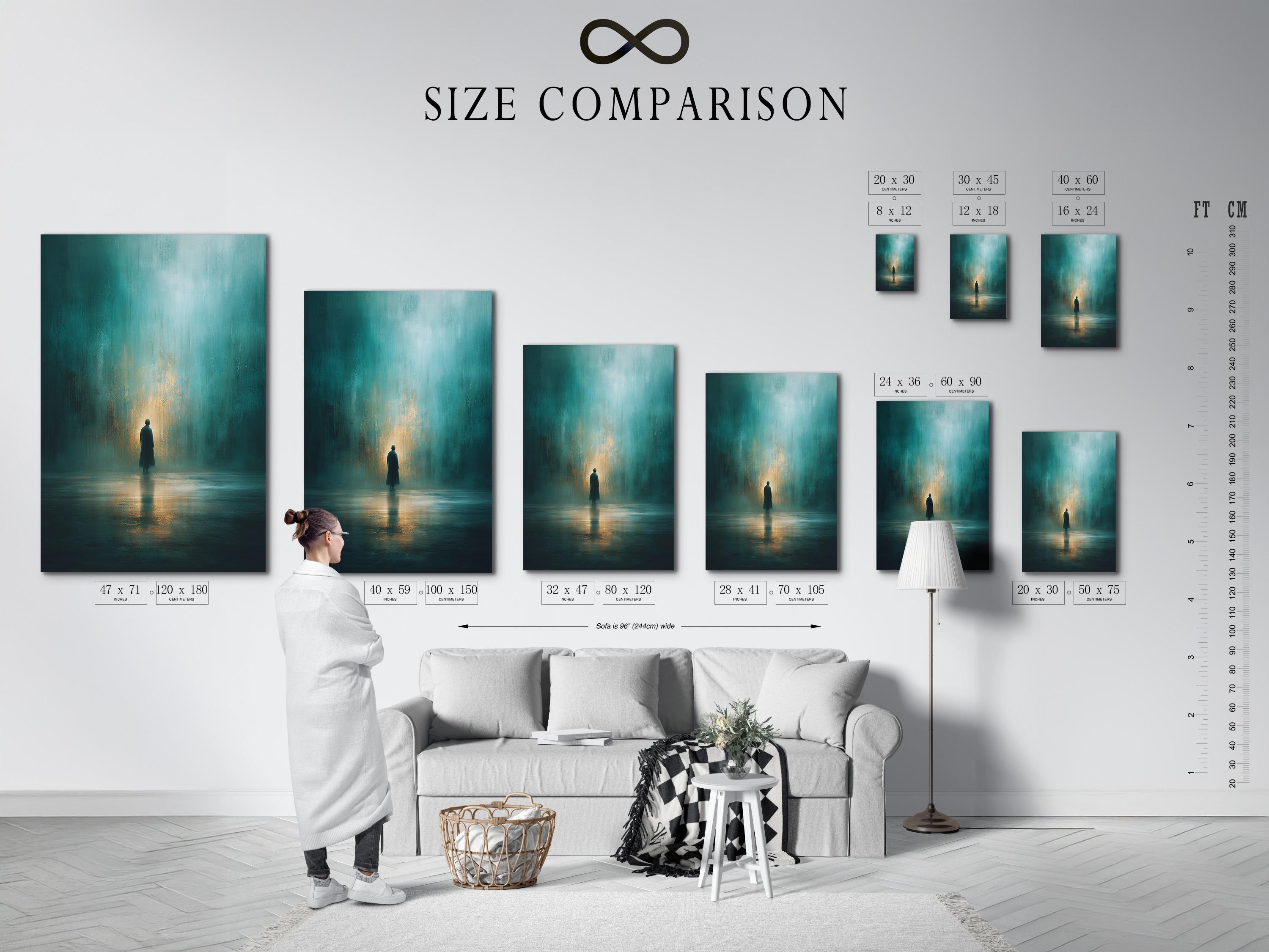 Teal and gold artwork showing a solitary figure silhouette with a warm glow and reflection on the floor detail view