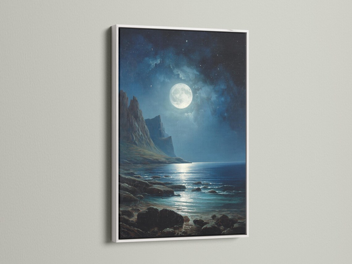 Moonlit ocean seascape with dark cliffs, starry night sky and glowing full moon detail view