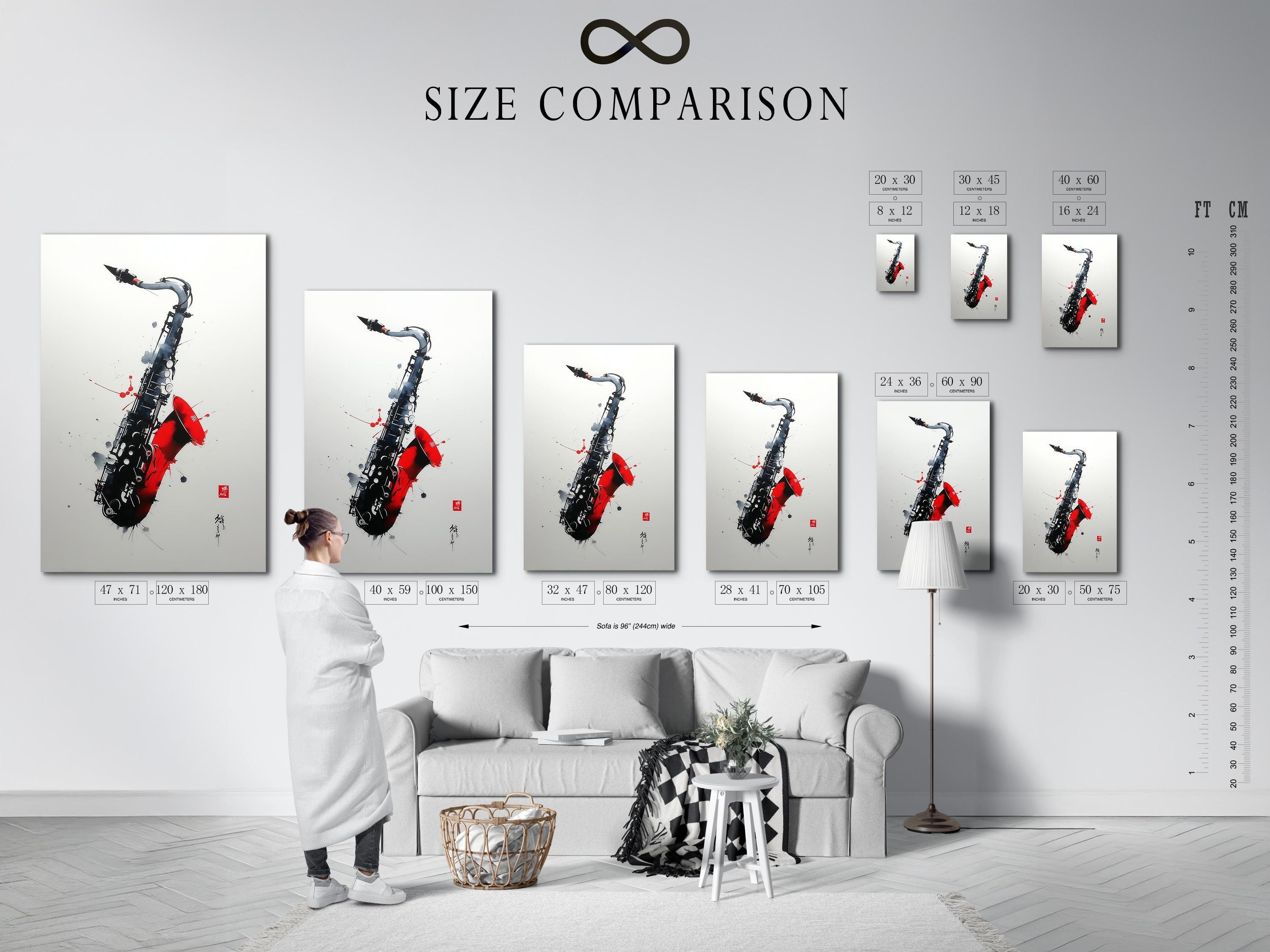 Red and black saxophone illustration with paint splatter marks on an off-white background detail view