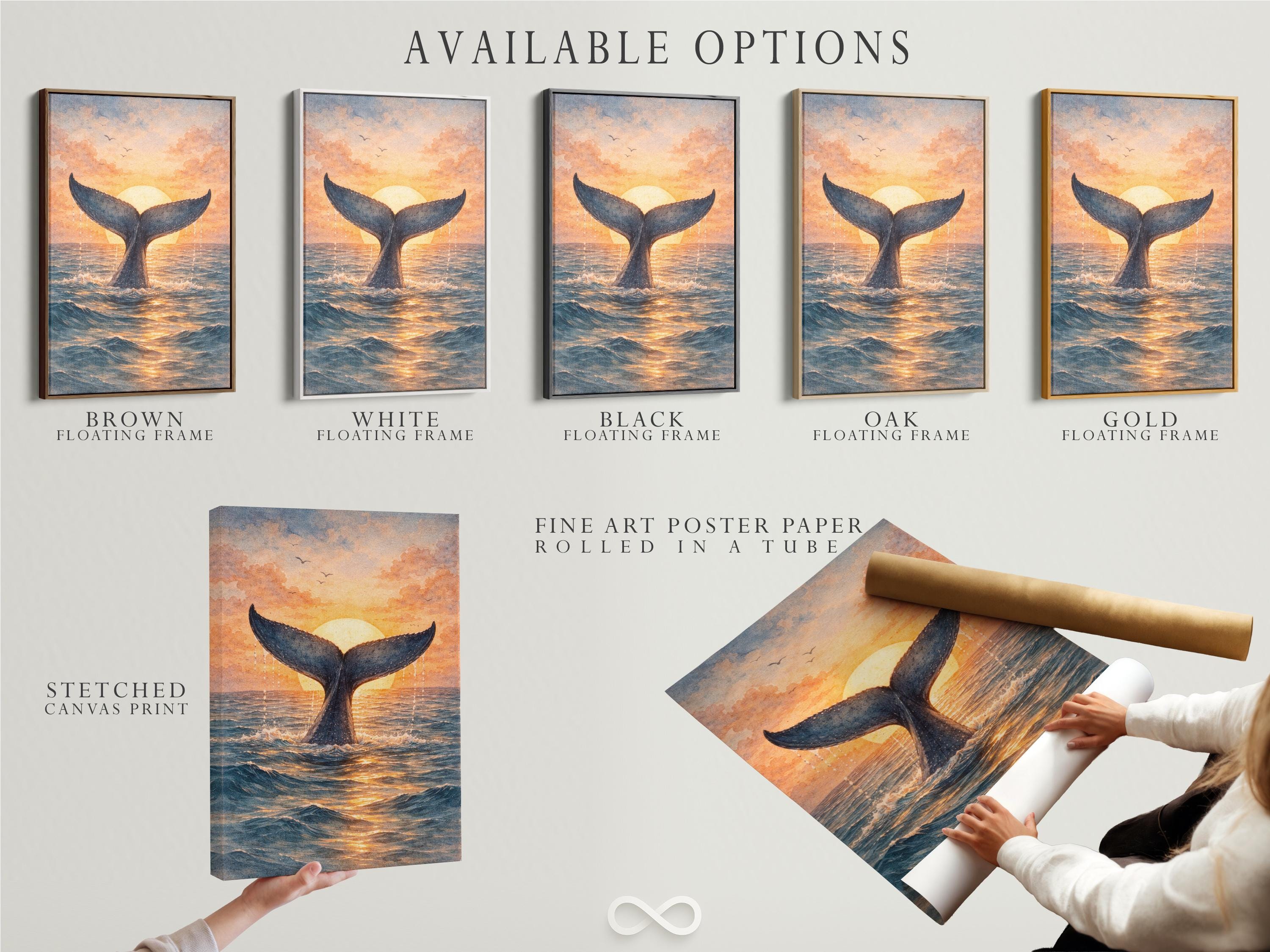 Whale tail sunset artwork hanging in a coastal cafe setting with signs and shelves