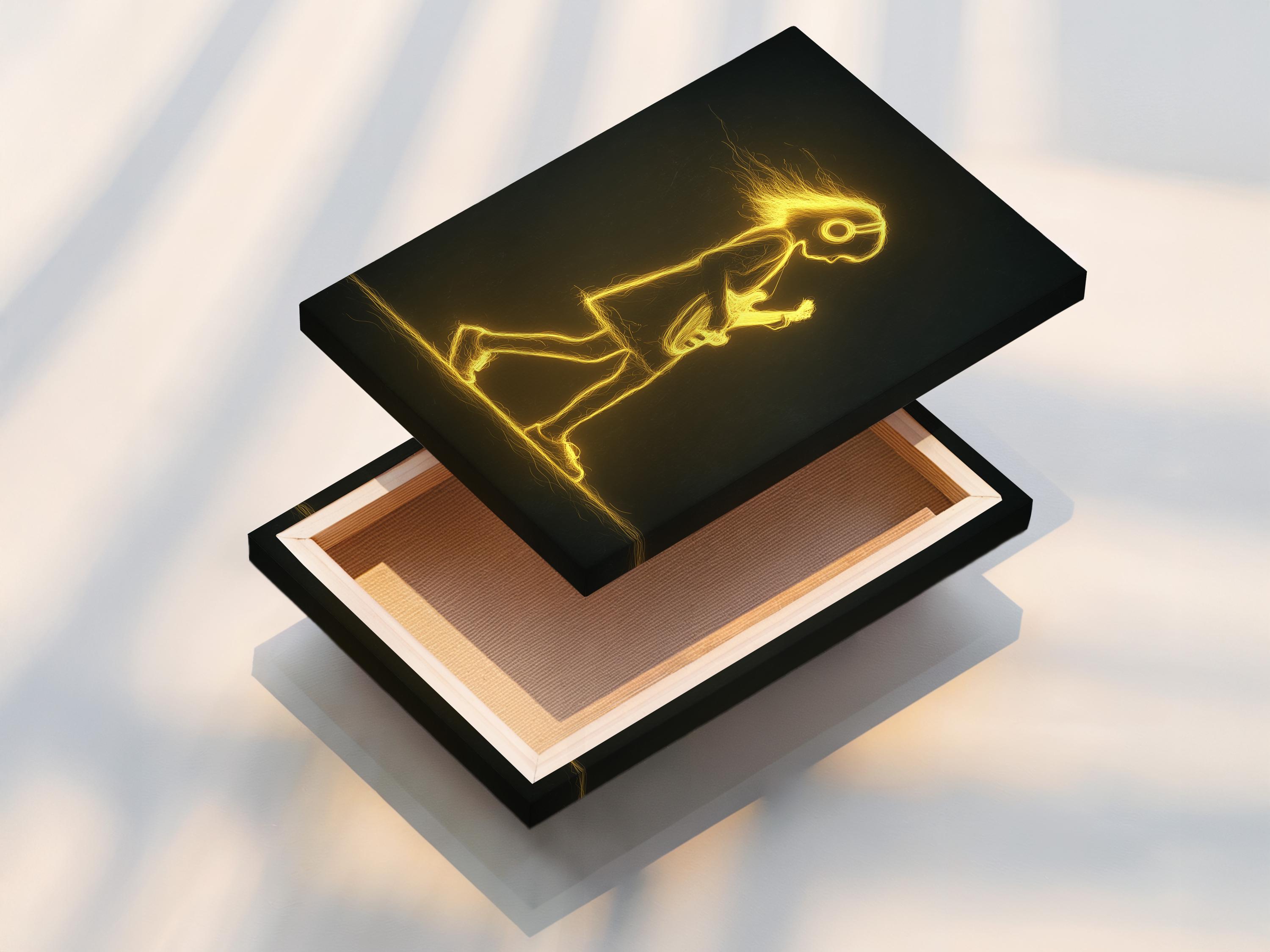 Neon gold outline guitar player with a glowing halo and electric guitar on a dark background detail view