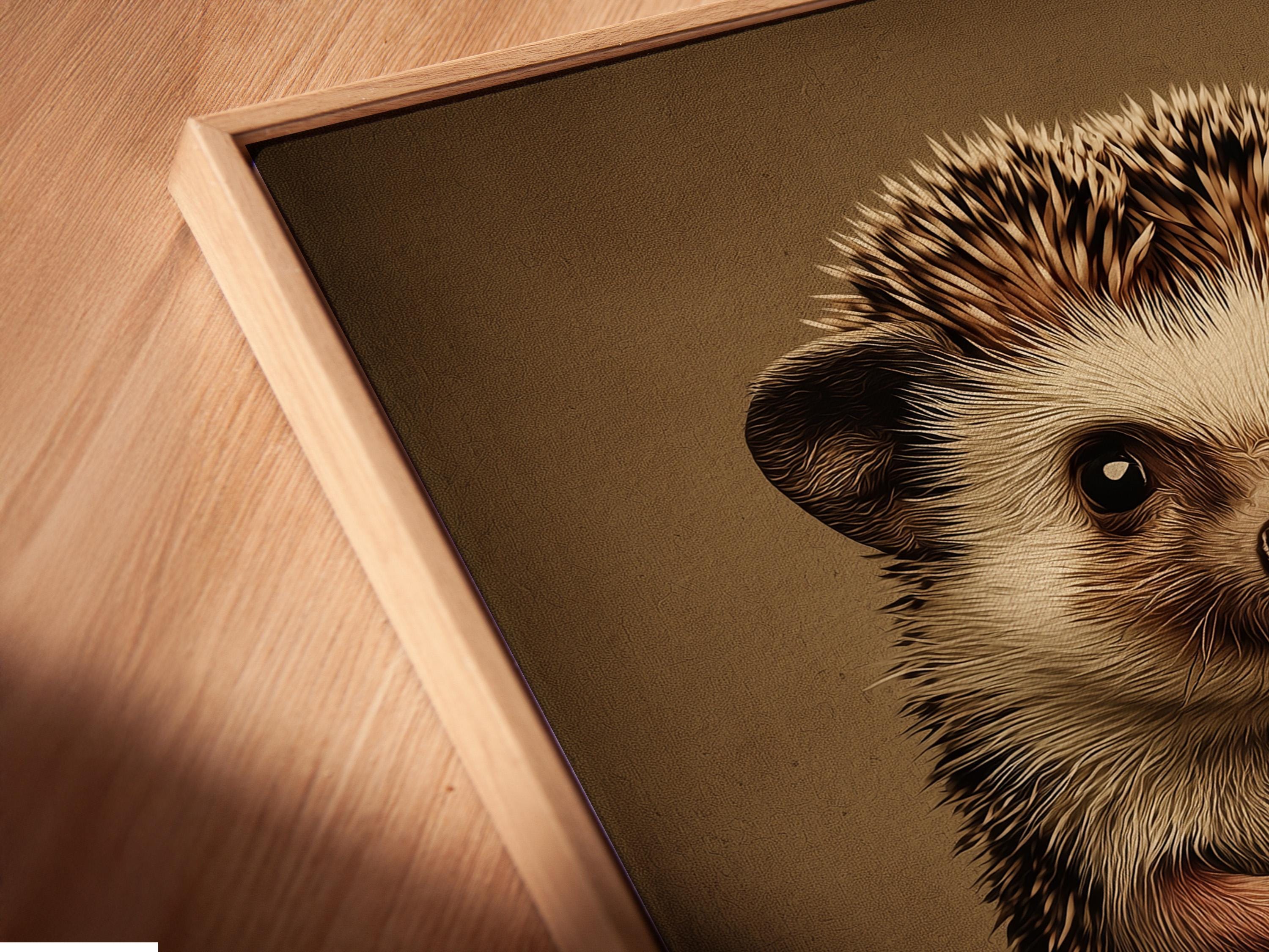A beady-eyed hedgehog illustration sits centred on a warm brown background, with cream and darker brown fur texture and subtle red-brown paw accents