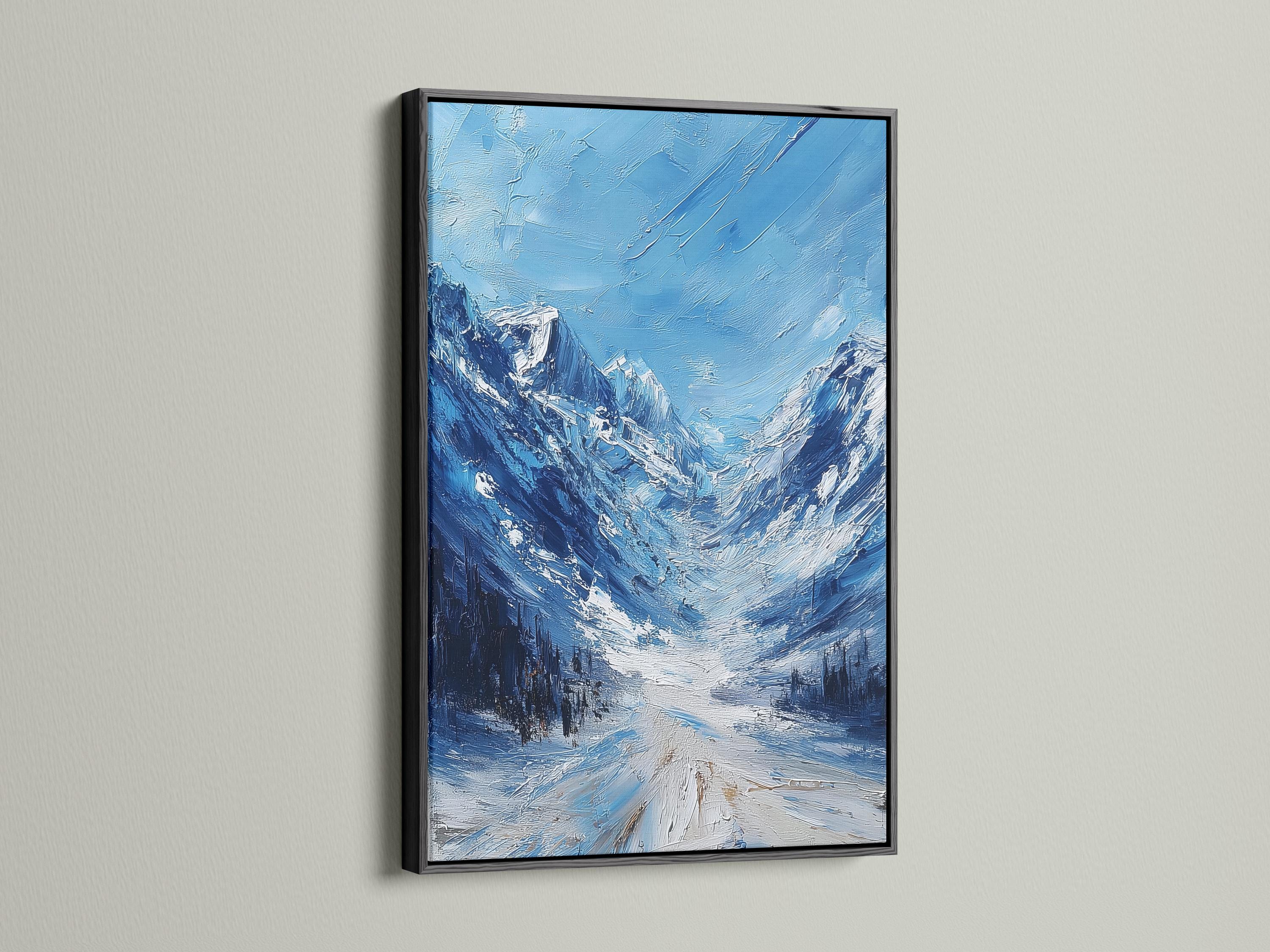 Textured blue winter mountain landscape painting with snowy peaks and valleys detail view