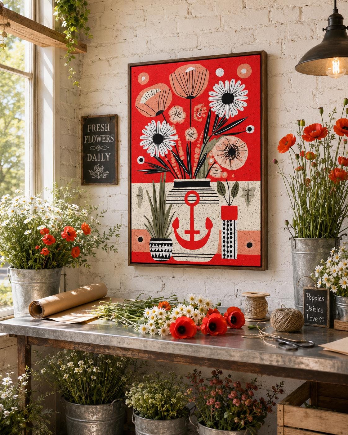 Woman looking at red anchor floral artwork in a modern room