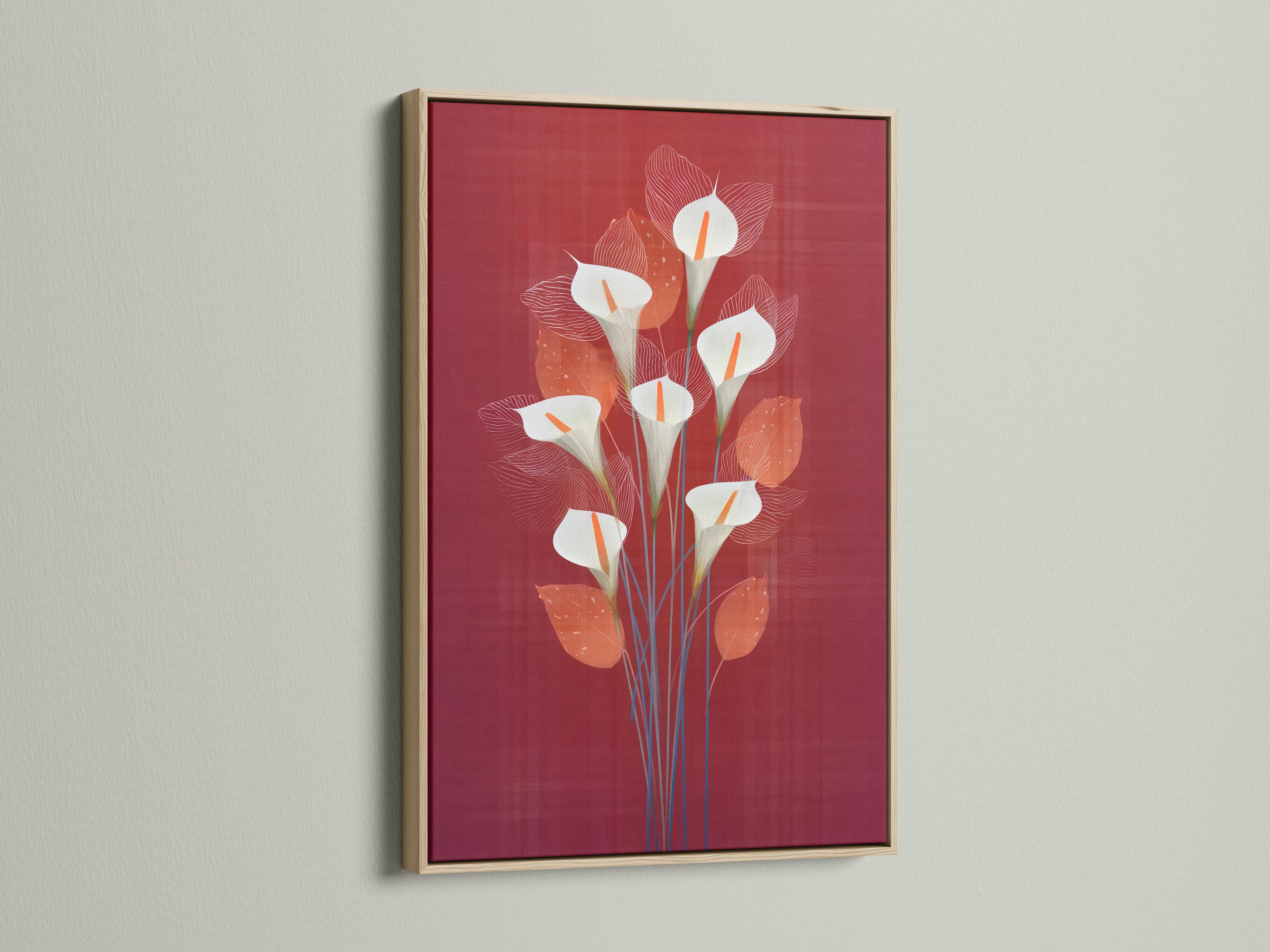 Stylised calla lily bouquet with white flowers, orange centres and blue stems on a burgundy background detail view