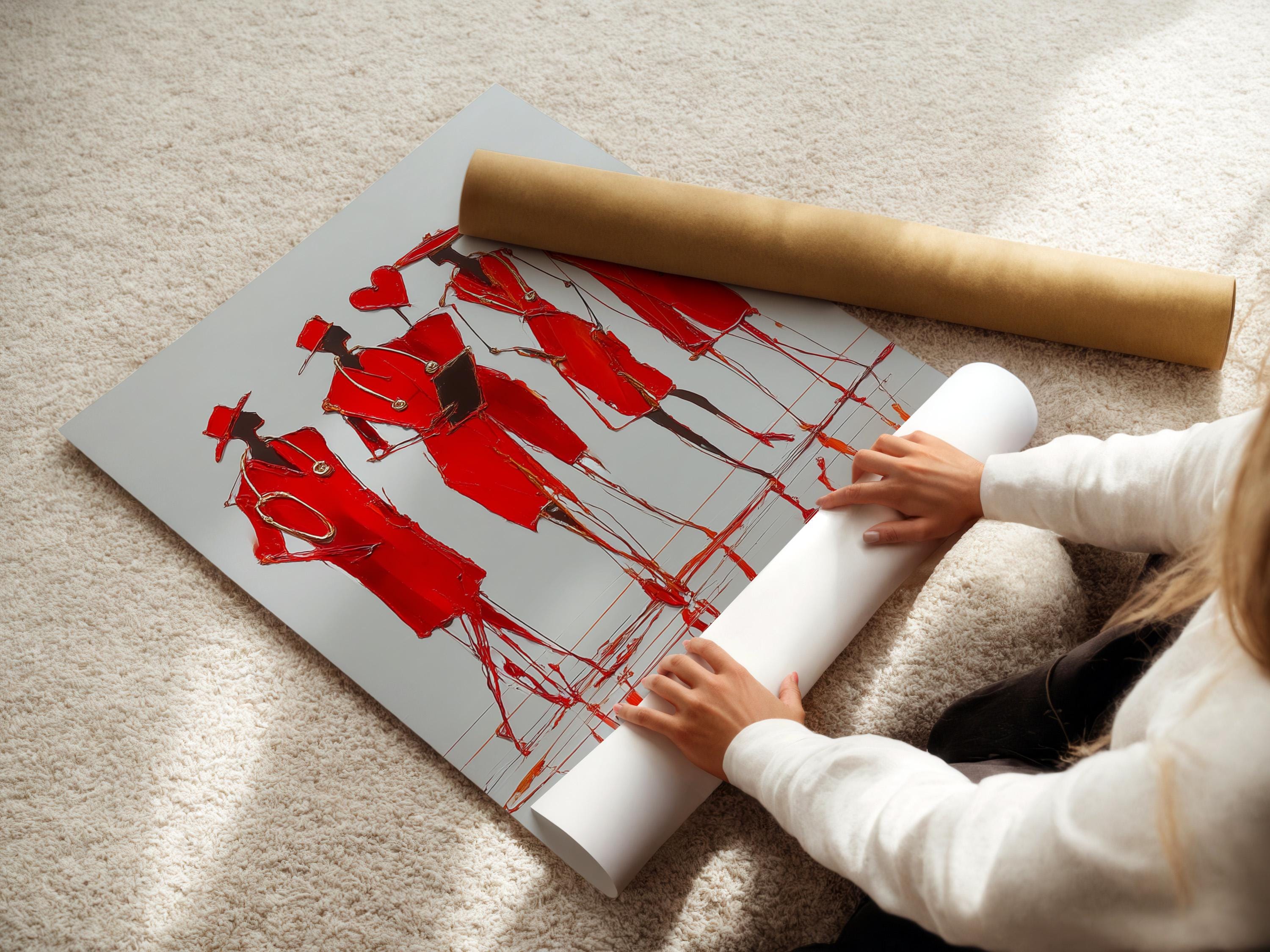 Stylised group of red fashion figures in hats with sketchy outlines and mirrored red reflections detail view