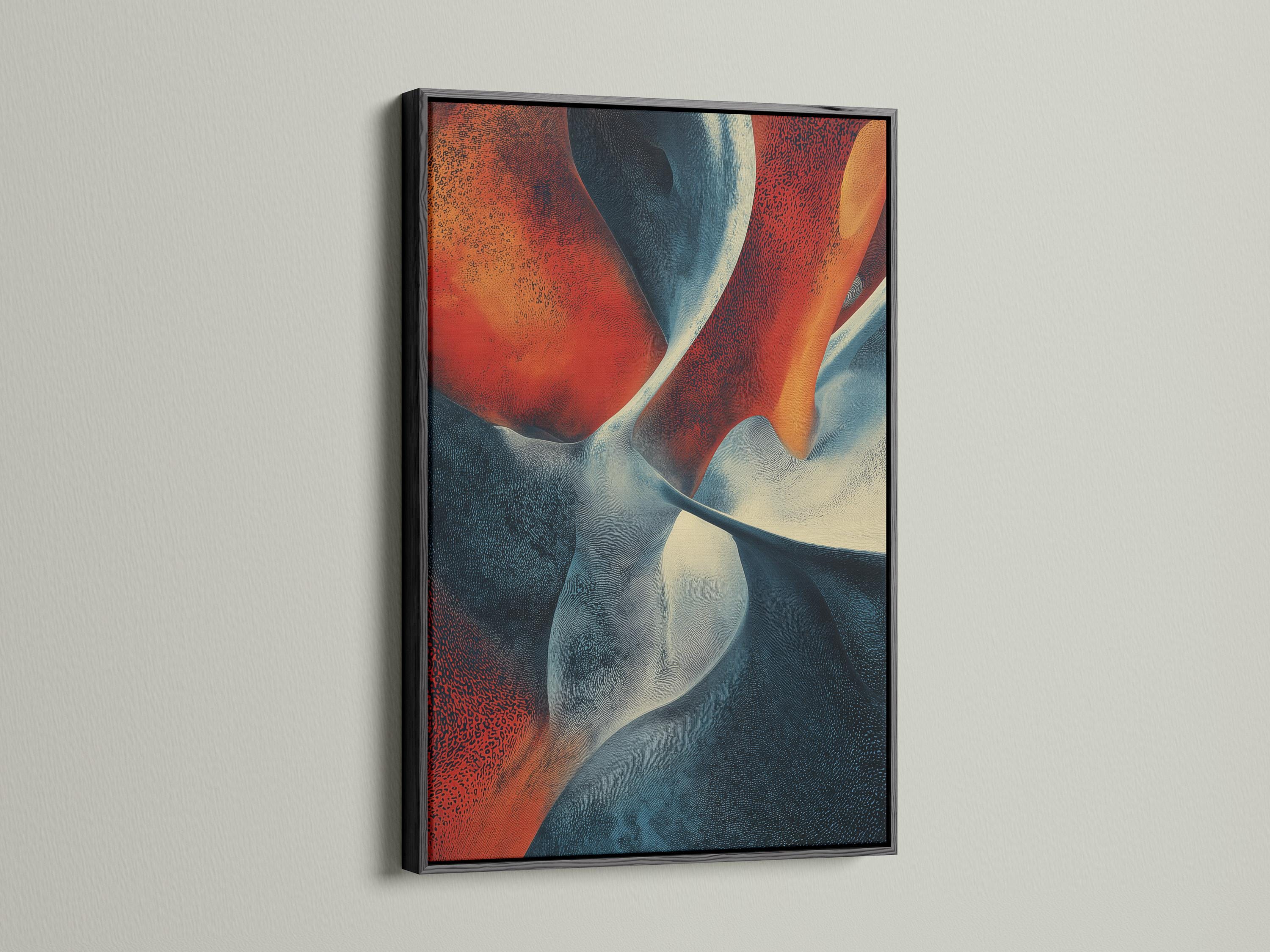 Abstract fluid artwork with terracotta and navy blue curved ribbons and pale cream highlights detail view