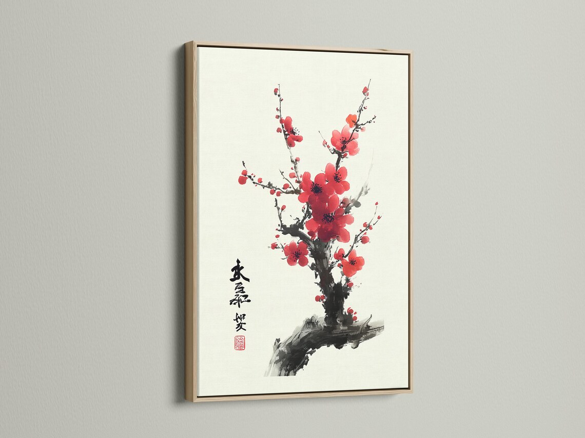 Red plum blossom flowers on dark ink branches with vertical calligraphy and a red seal stamp detail view