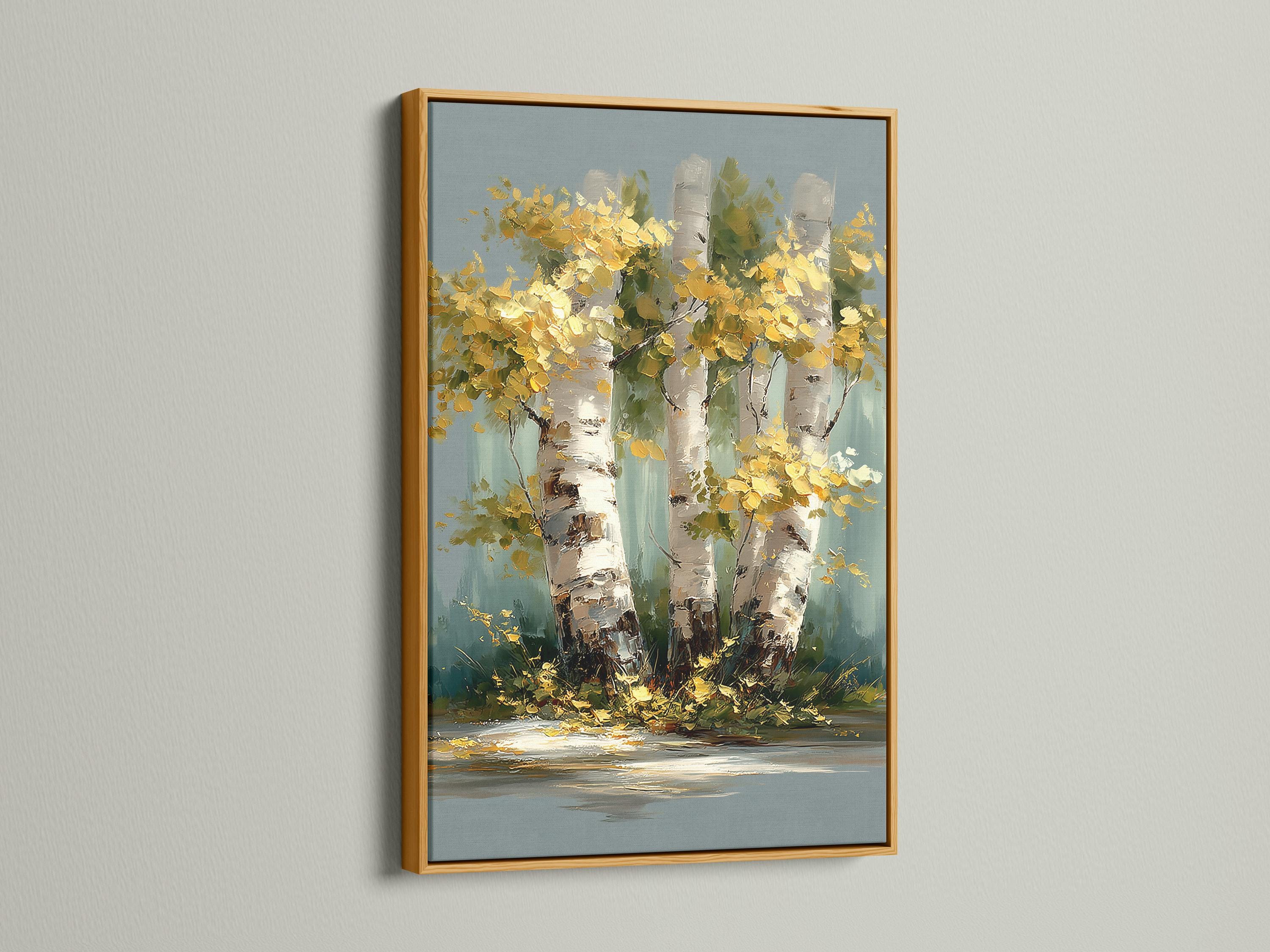 Autumn birch forest painting with golden leaves and white tree trunks on a blue-green background detail view
