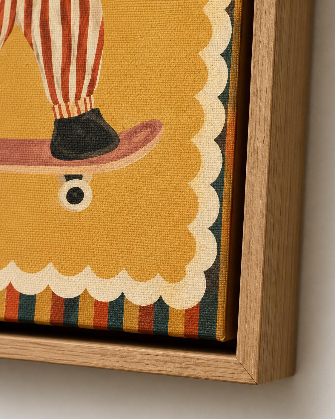 Three illustrated animal characters on skate and scooter wheels in warm mustard tones detail view