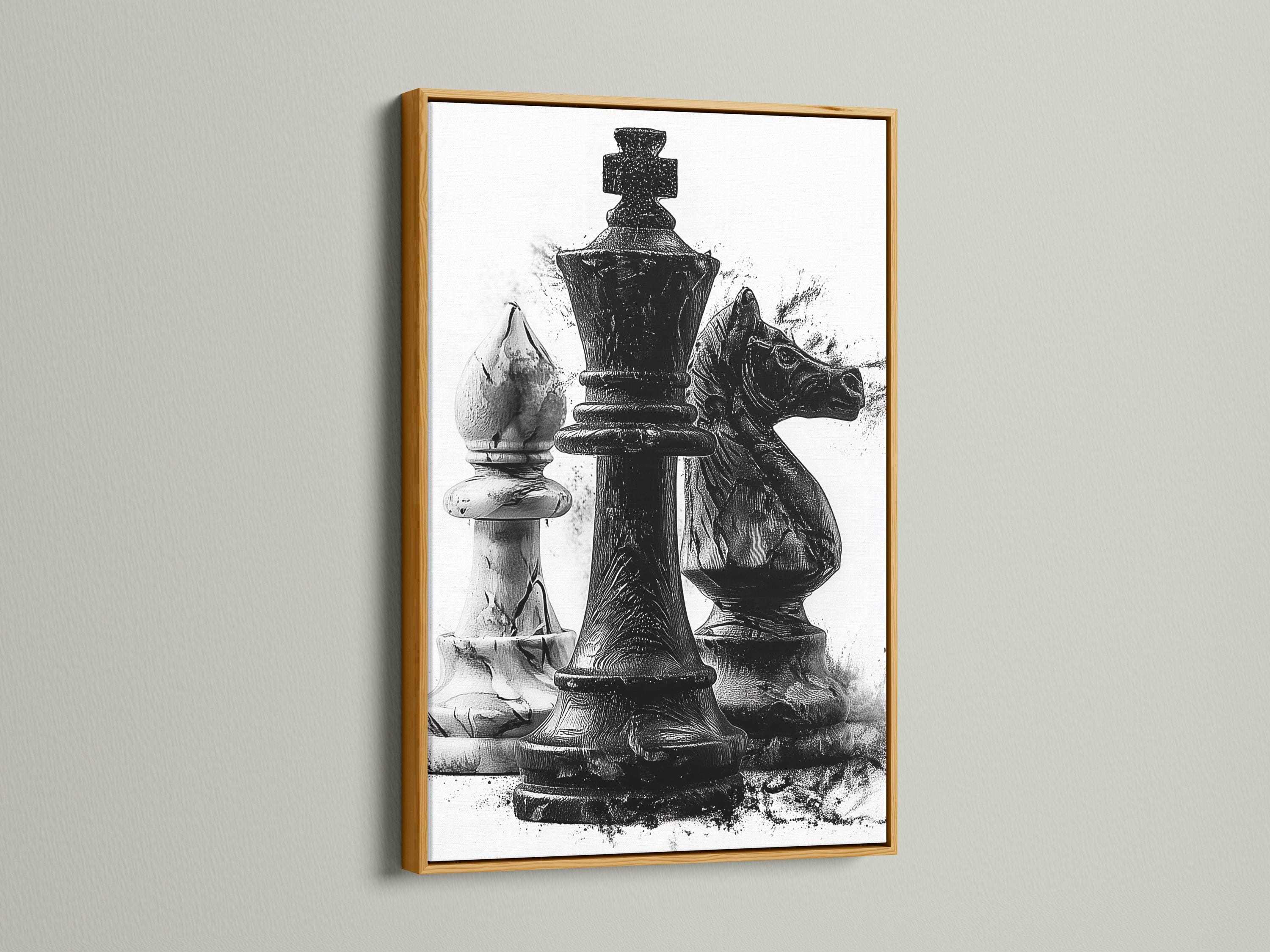 Monochrome chess artwork featuring a black king-like figure with distressed ink-splatter texture detail view