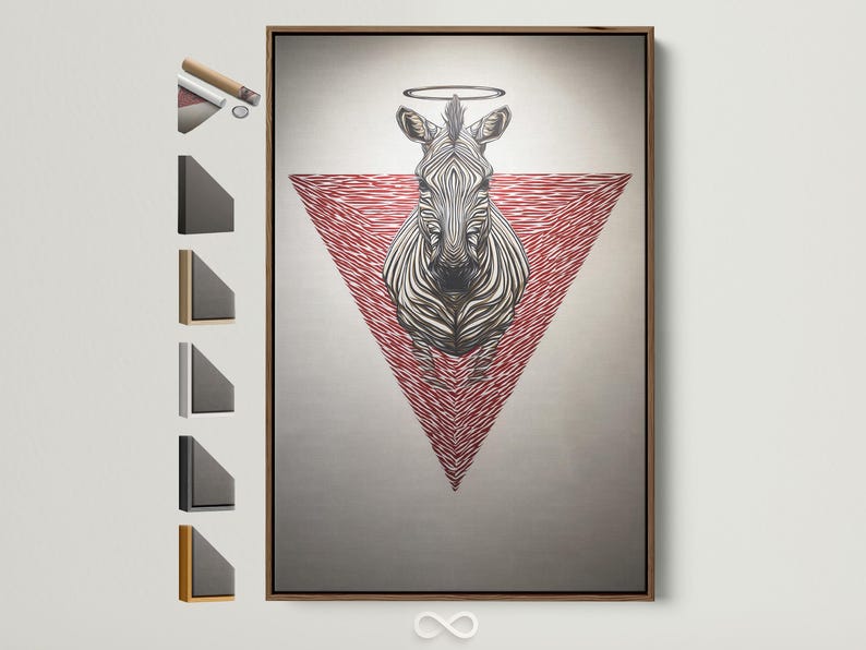 Stylised zebra centred inside a red striped triangle with a circular halo ring above