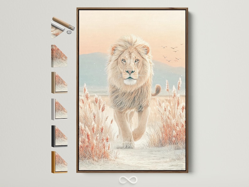 Neutral lion standing in a soft savannah scene with reeds, hills and small birds