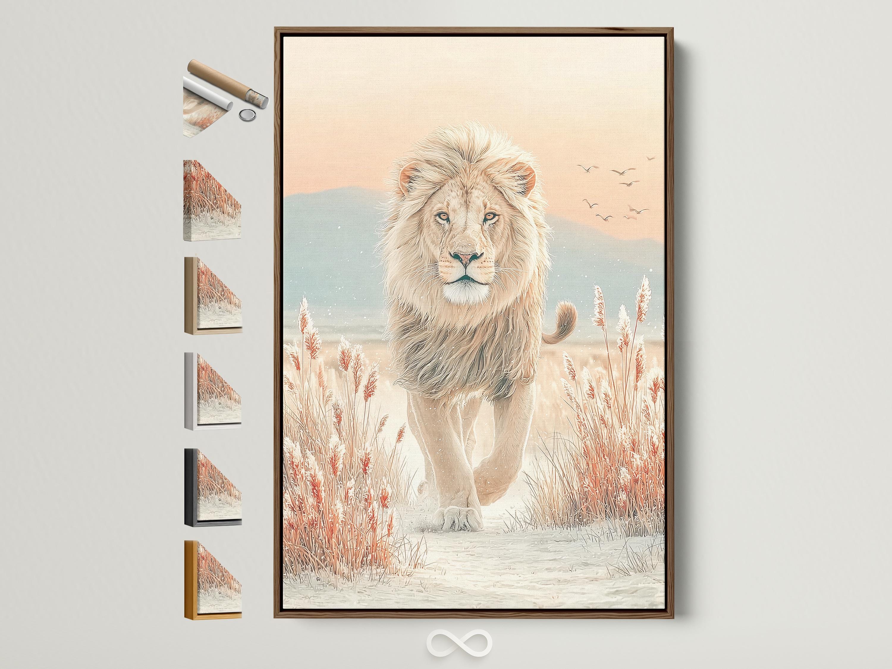 Neutral lion standing in a soft savannah scene with reeds, hills and small birds