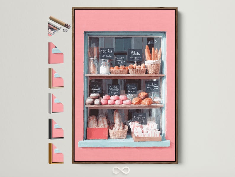 Pastel bakery window painting with pastries and handwritten menu signs