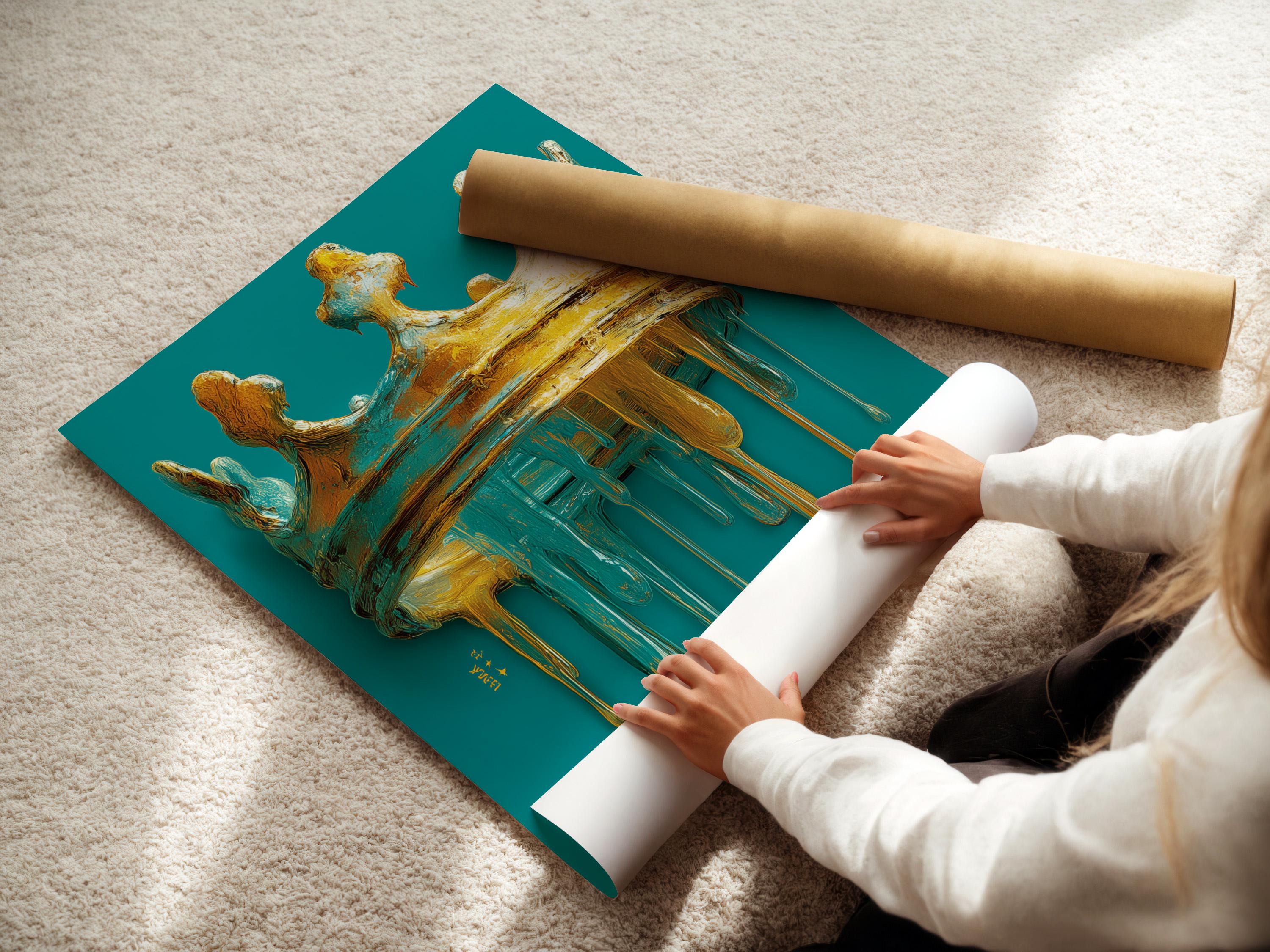 Wall mockup showing a teal and gold crown drip painting framed artwork