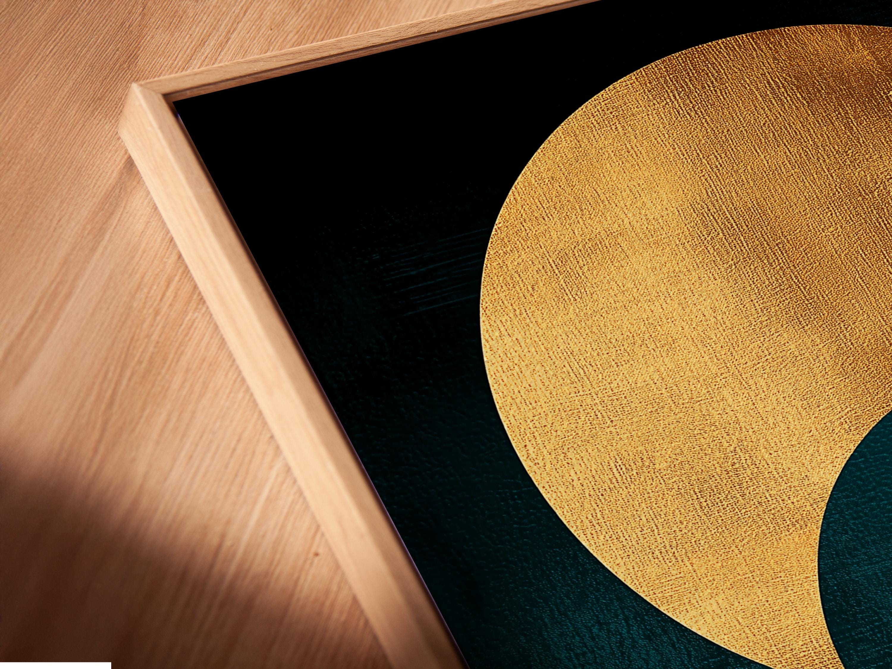 Abstract teal and gold artwork with a large sun-like circle and curved wave line pattern detail view