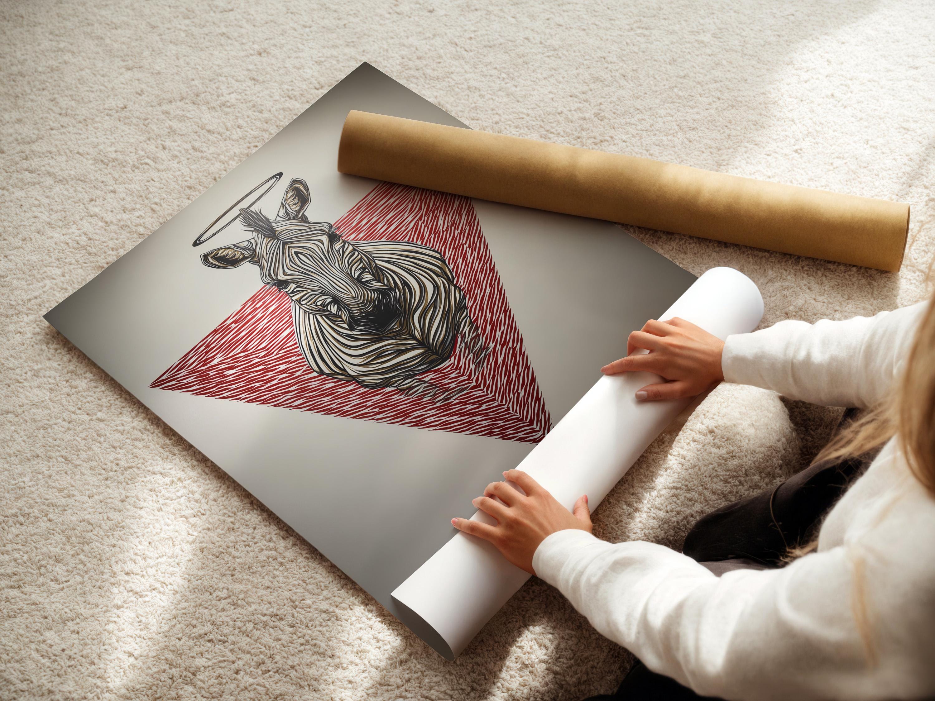 Wall mockup showing a framed zebra artwork with a red striped triangle and halo ring