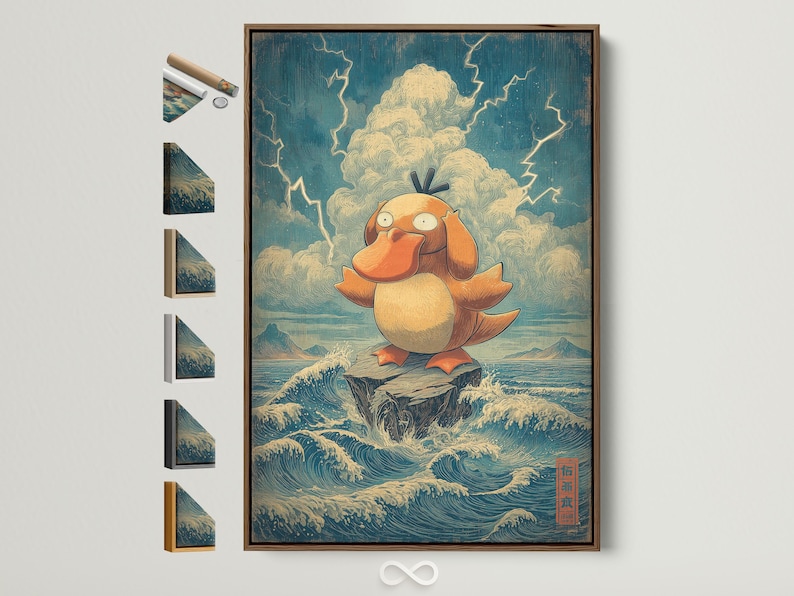 Stylised duck swimming in foamy ocean waves with a teal sky and cloud shapes
