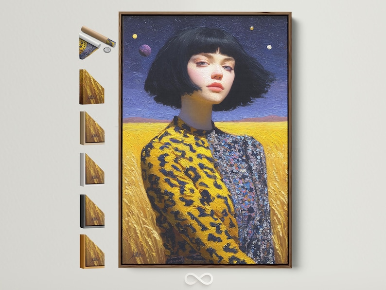 Stylised woman portrait with bob haircut against starry blue sky and golden landscape