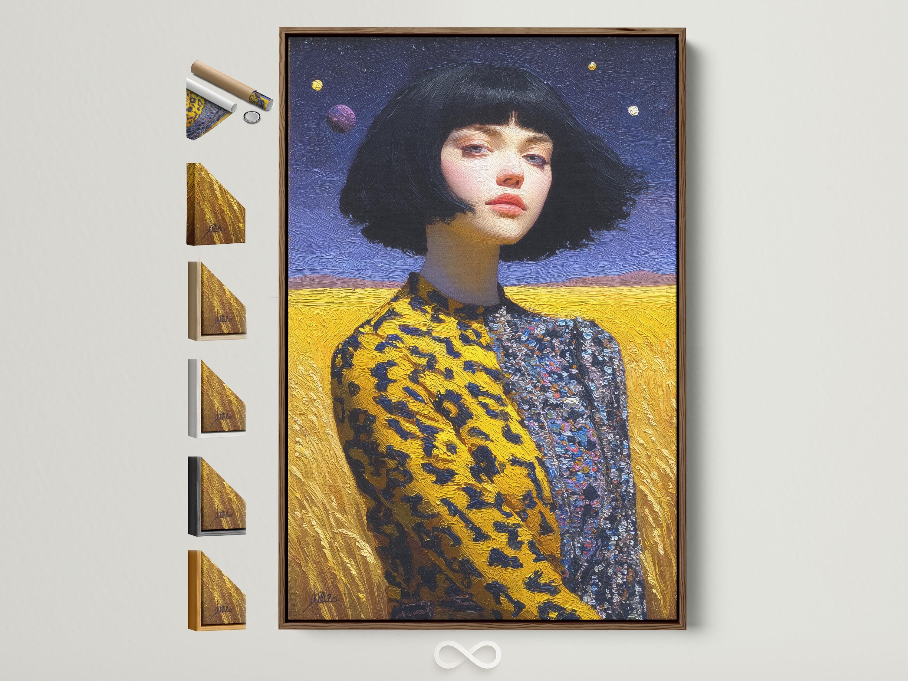 Stylised woman portrait with bob haircut against starry blue sky and golden landscape
