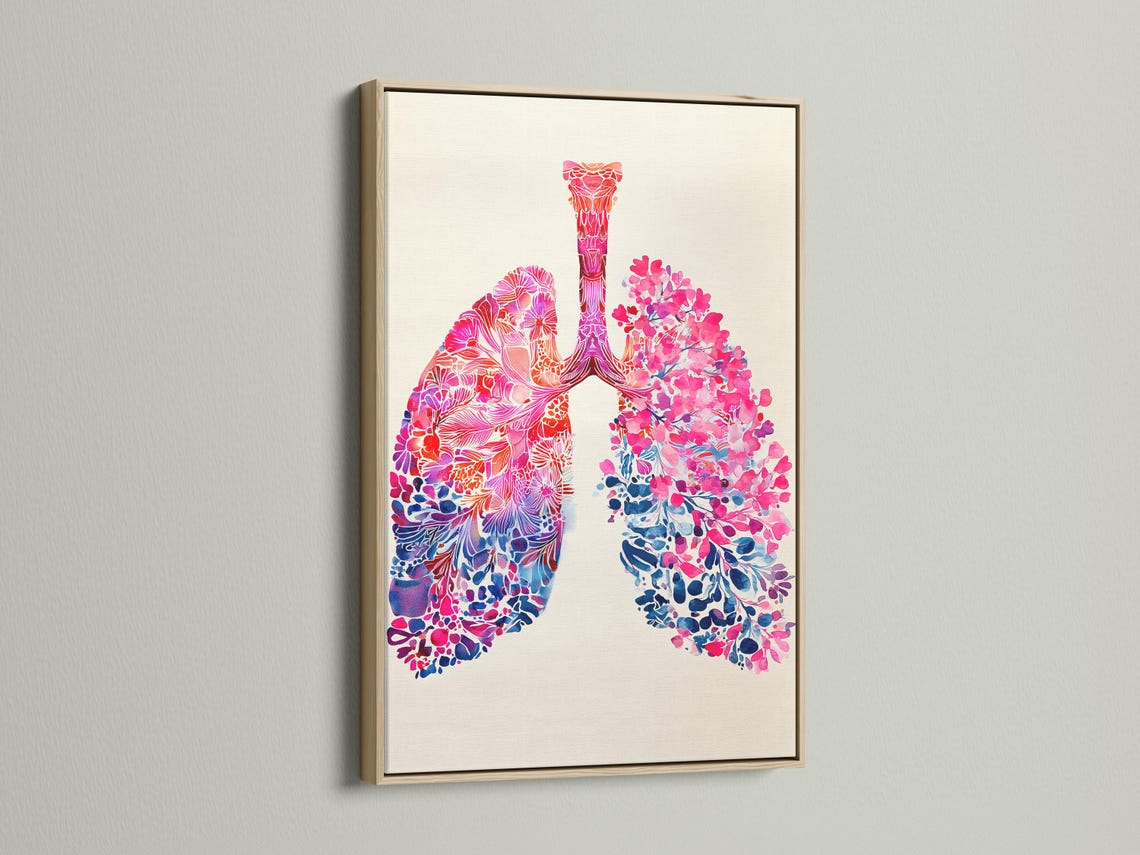 Room mockup showing a framed floral lungs artwork with pink and blue anatomy details