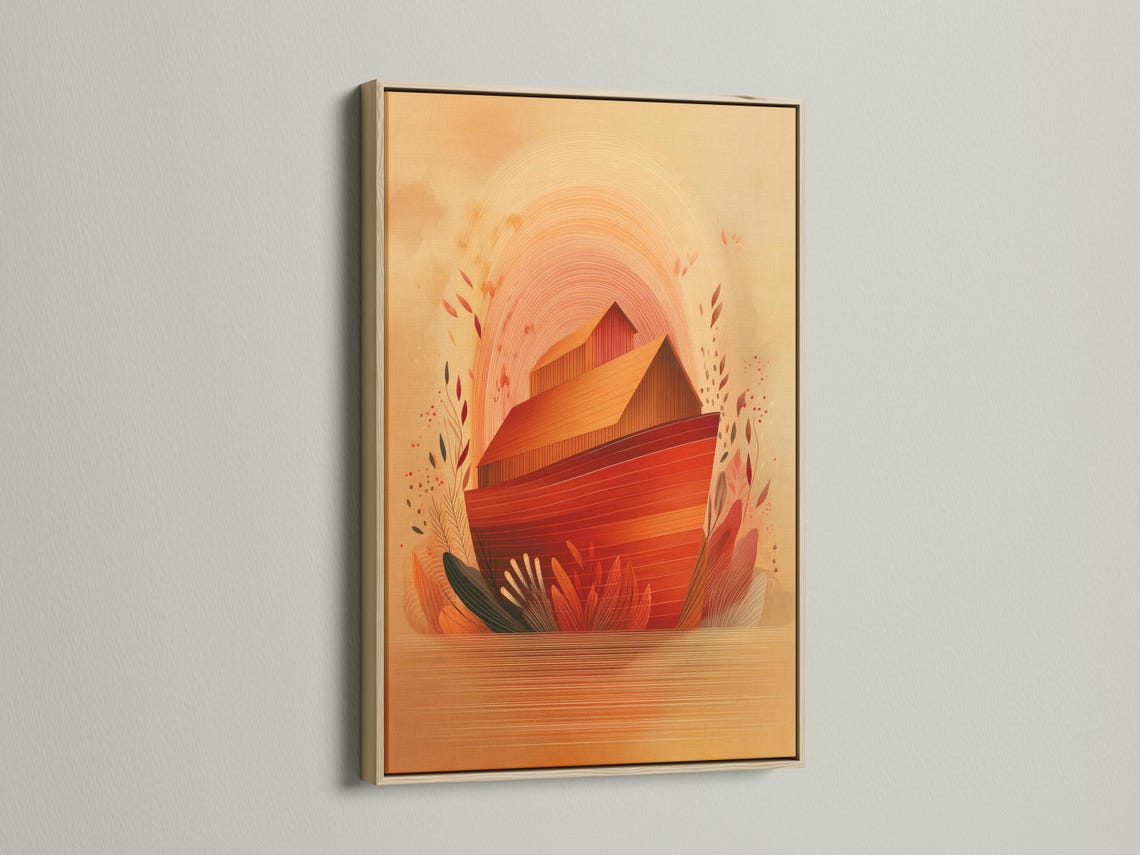 Terracotta and ochre abstract barn-house with arched lines and stylised green leaves detail view