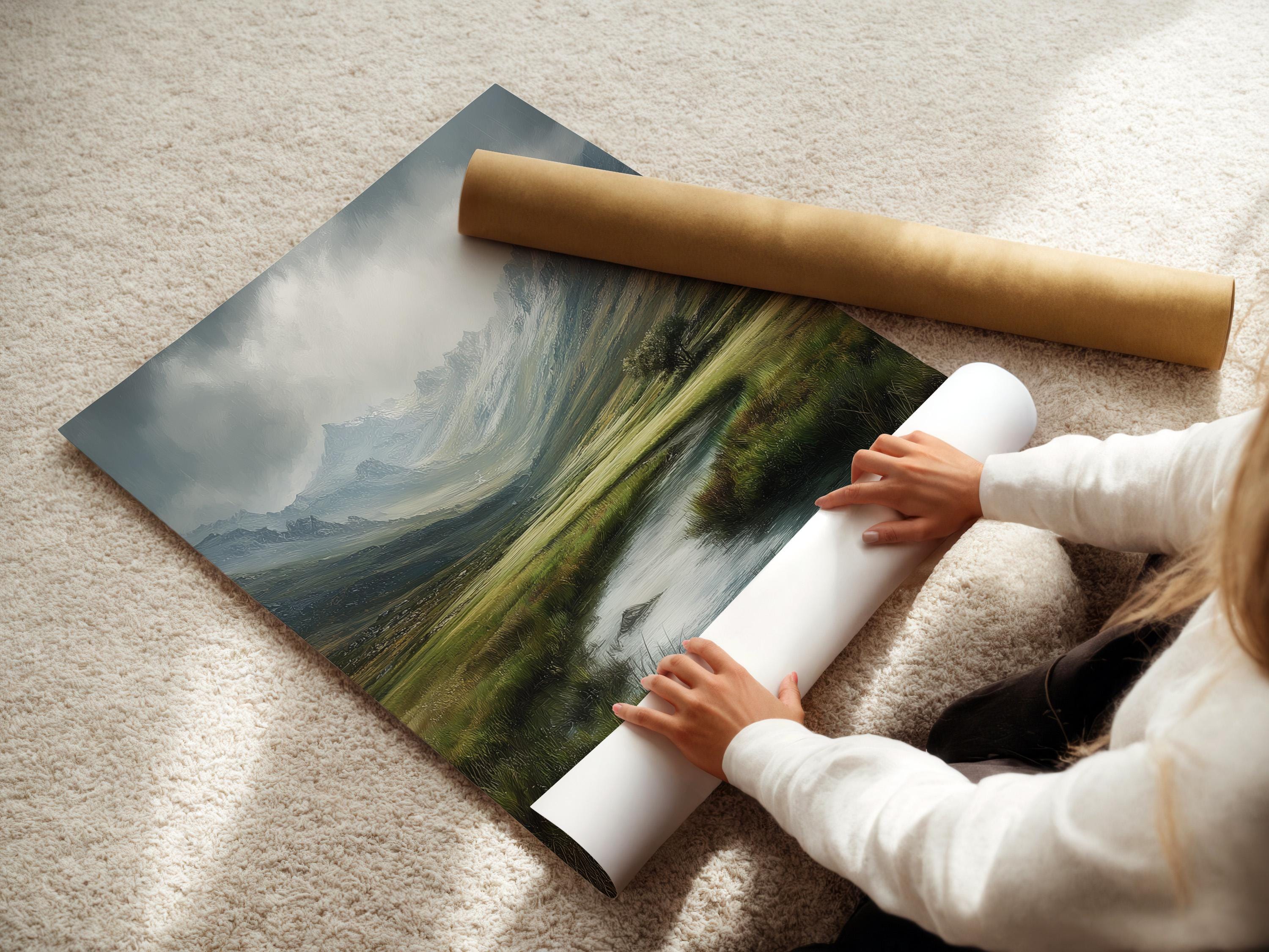 Room mockup showing framed mountain valley landscape artwork