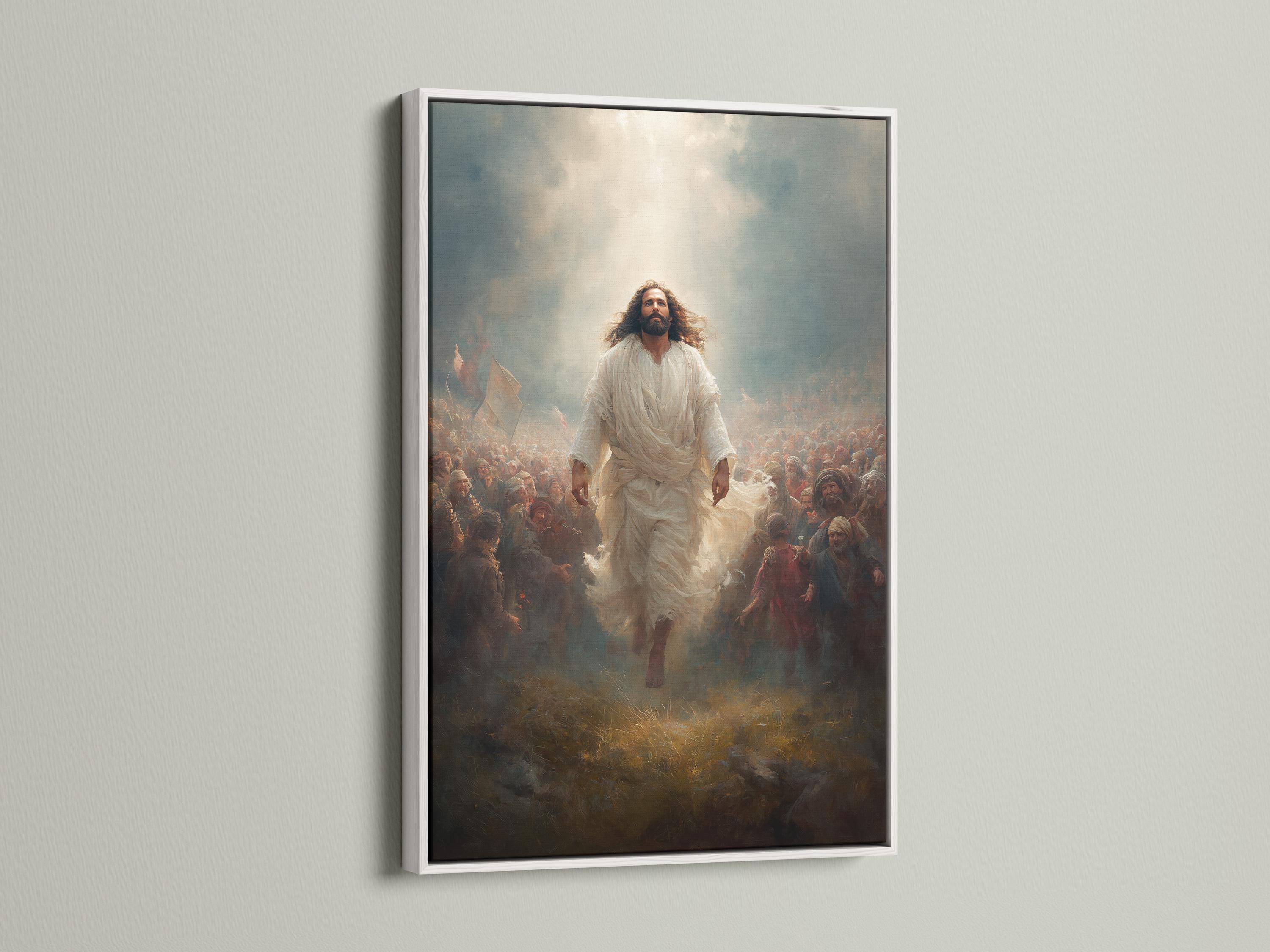 Painted religious scene with a central robed figure walking through a crowd amid haze and flags detail view