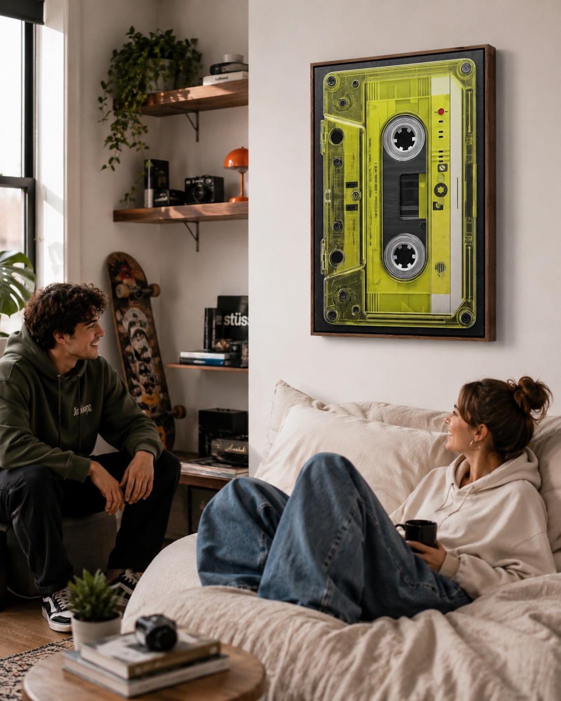 Neon lime cassette tape graphic framed in black with spool circles and a red dot detail detail view