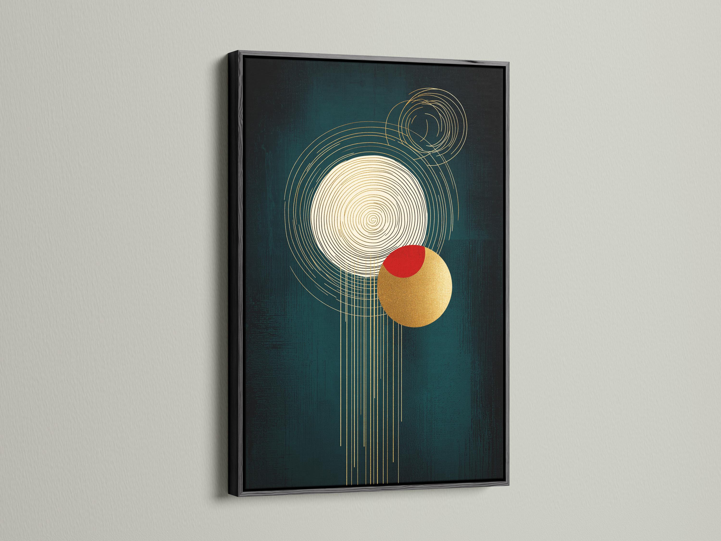 A teal abstract background features intersecting golden line circles, a red circle accent, and a gold disc with draping vertical lines detail view