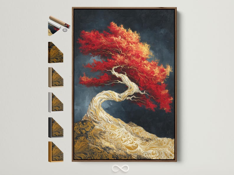 Stylised tree artwork with pale twisting trunk, red-and-gold canopy, and ornate gold base on navy background