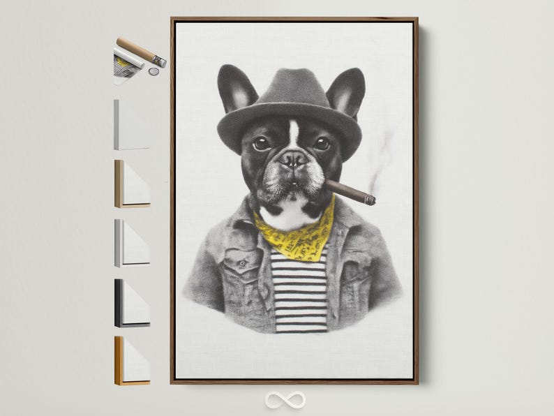 Black and white bulldog portrait wearing a hat and yellow scarf with a cigar