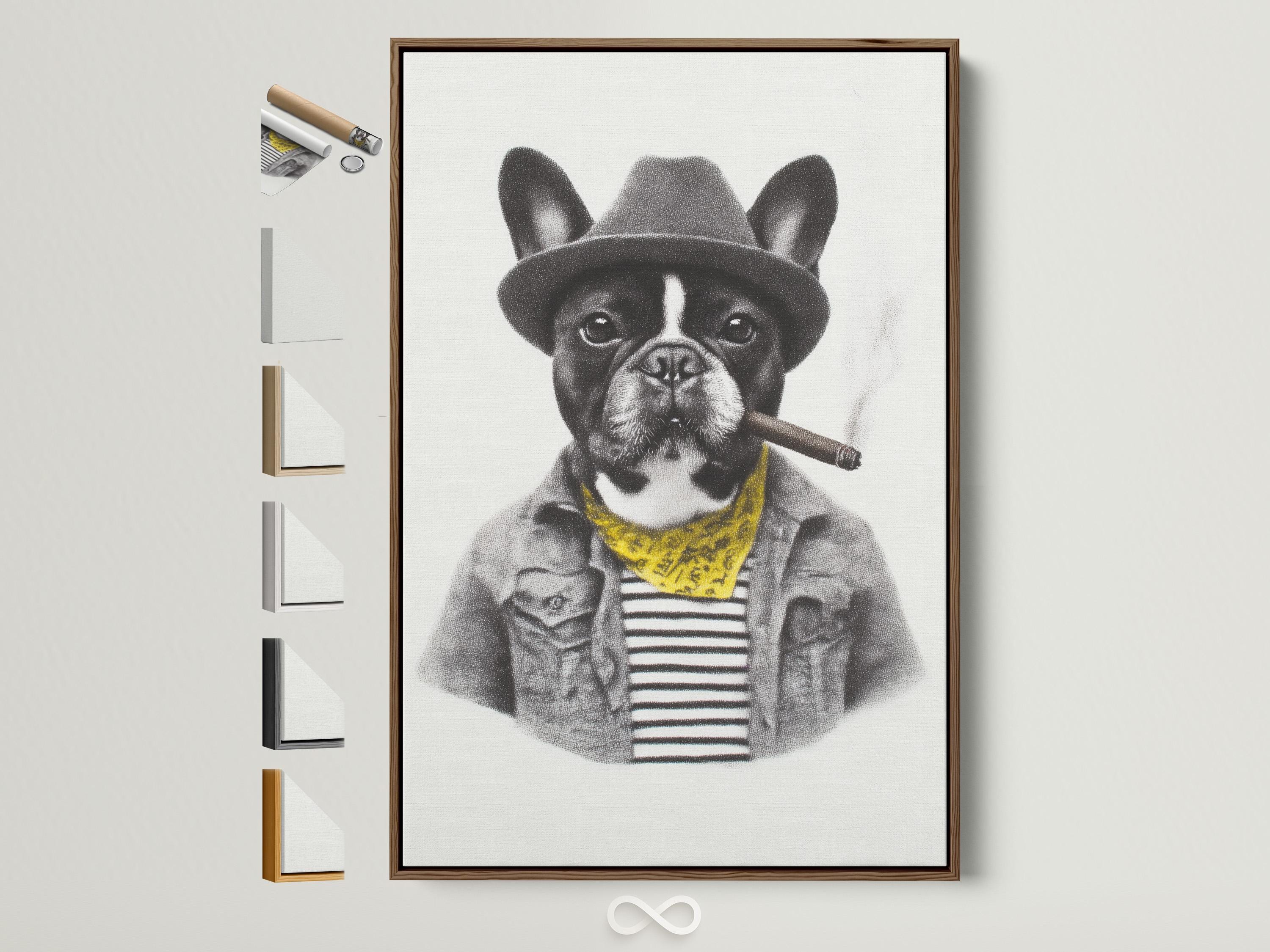 Black and white bulldog portrait wearing a hat and yellow scarf with a cigar