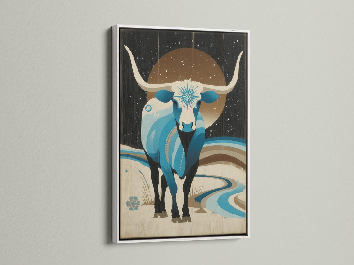Artwork shown framed on a wall with several frame colour options nearby