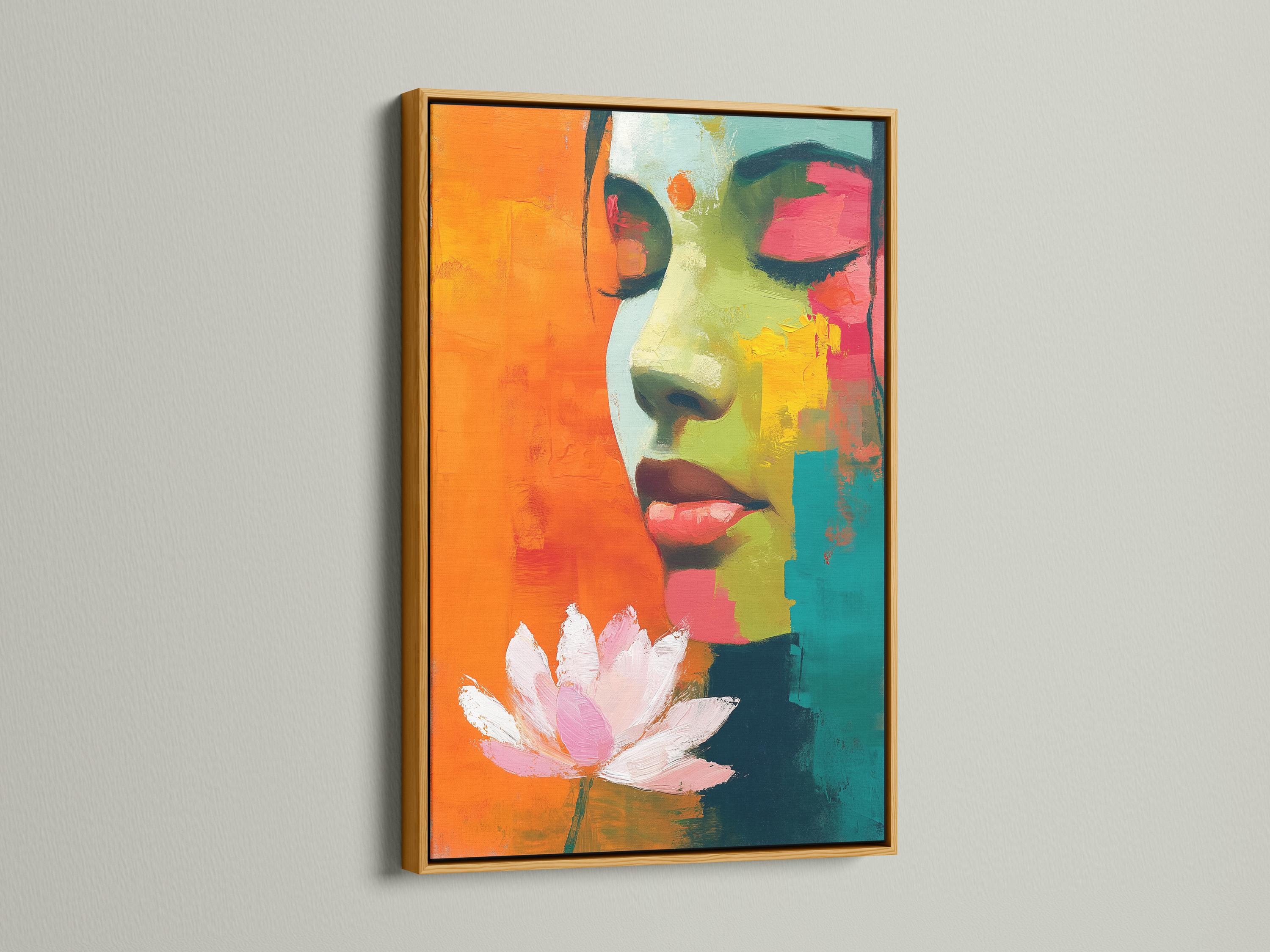 Abstract framed portrait of a woman profile with a lotus flower, shown in a room mockup with multiple frame options