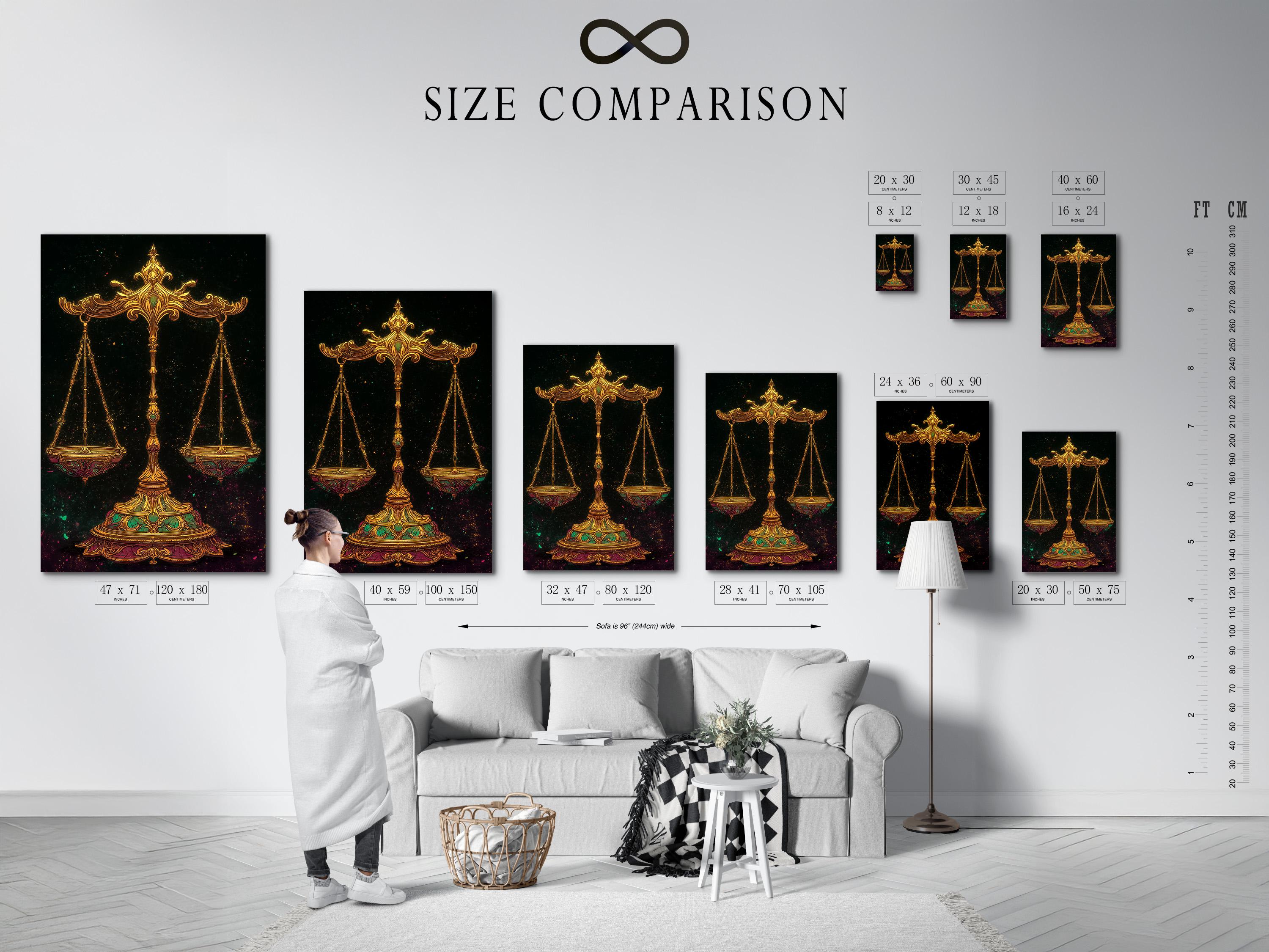 Ornate gold balance scales with emerald-green accents on a dark starry background detail view