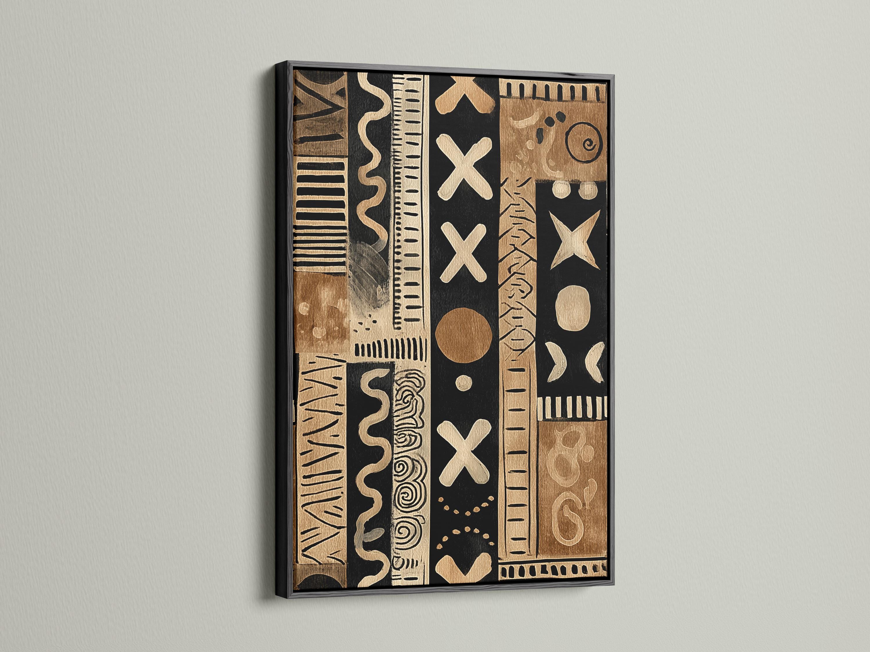 Living room mockup with a framed beige and black tribal abstract pattern above a sofa