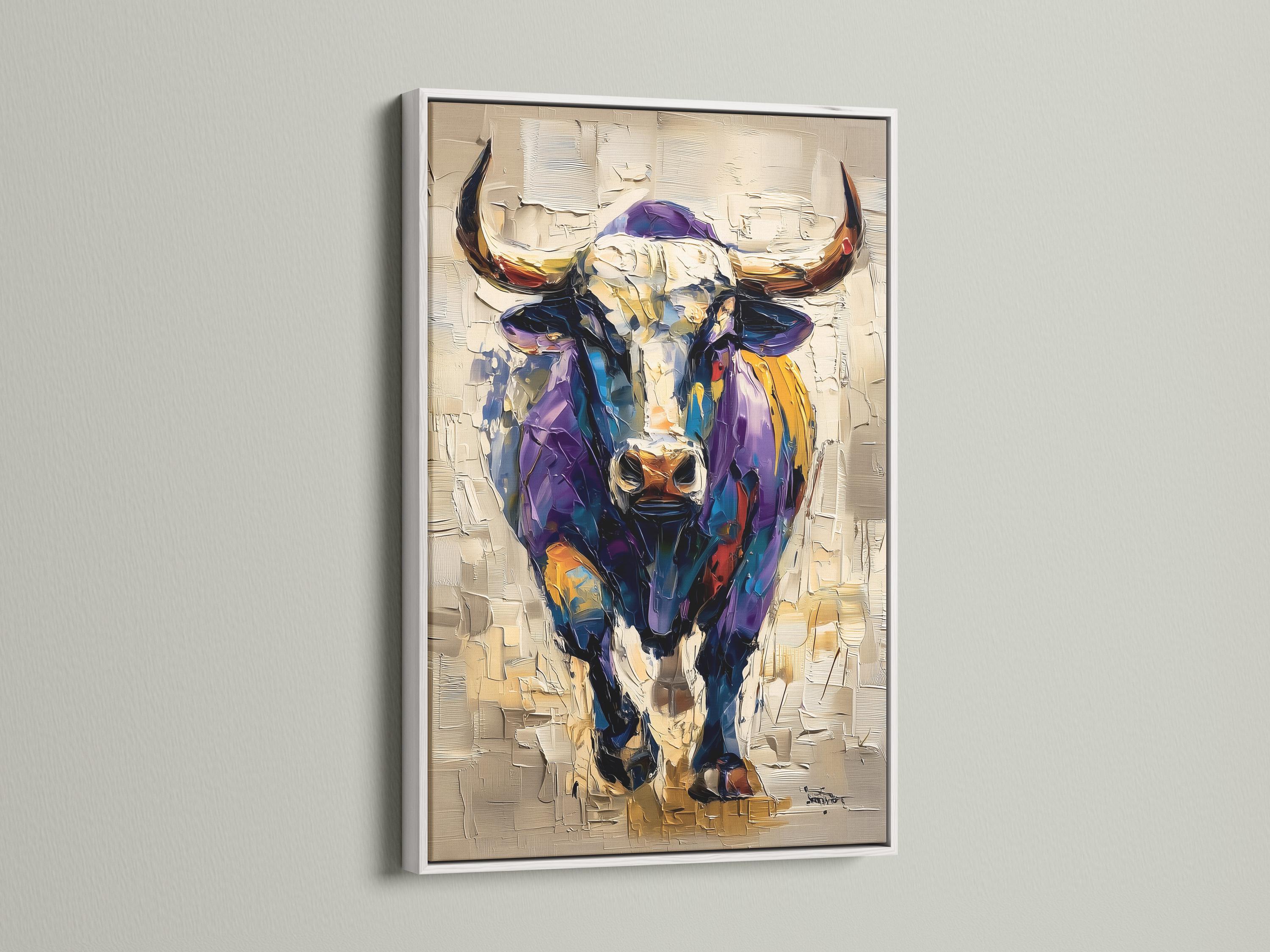 Stylised bull portrait with purple and blue tones, gold accents and a textured beige background detail view