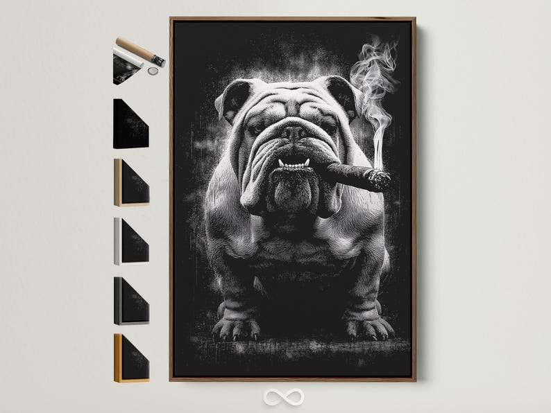 Monochrome bulldog portrait with a cigar and swirling smoke against a dark background