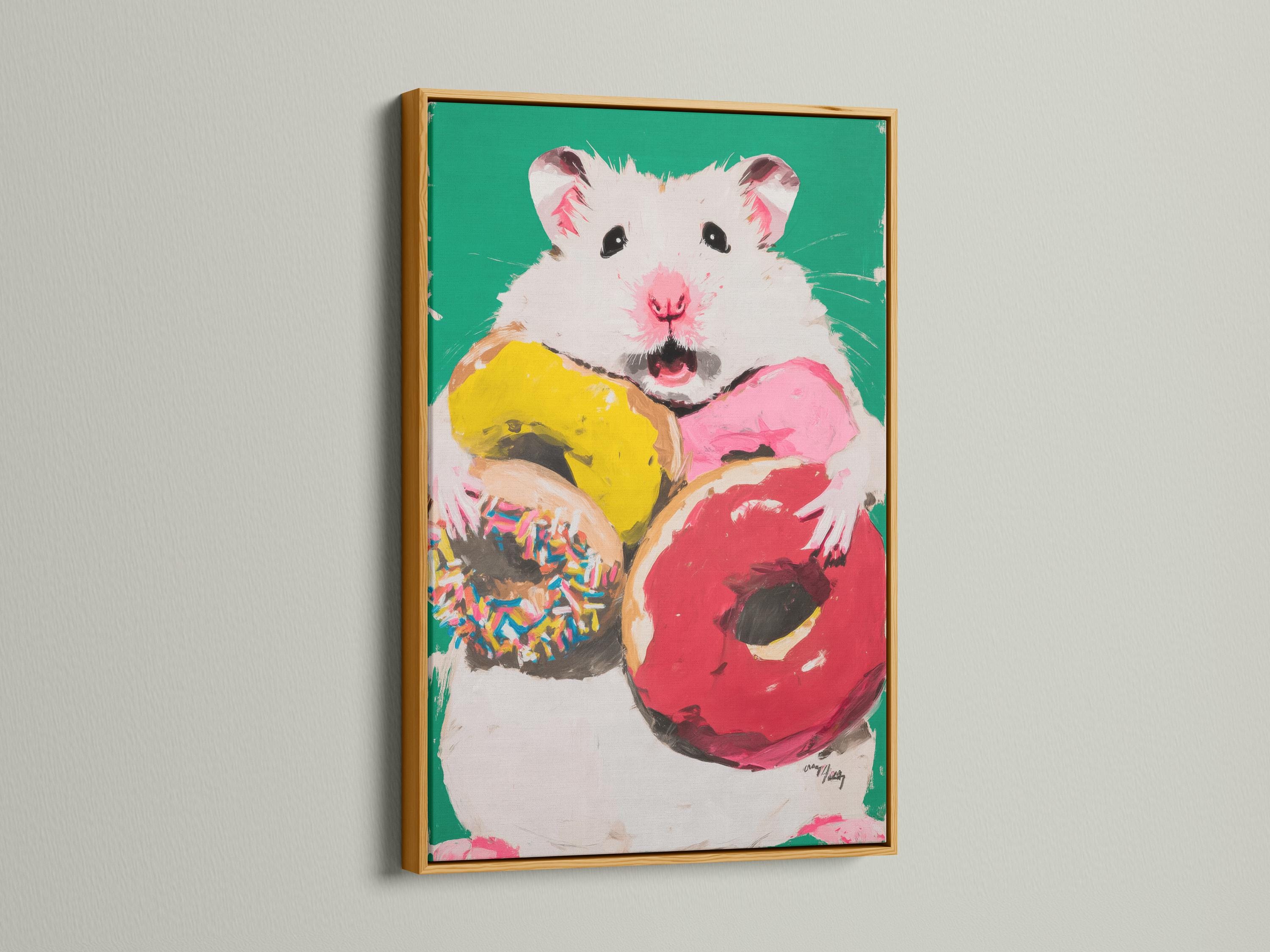 Cute hamster portrait holding a pink donut on a bright green background detail view